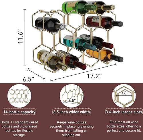 Miniatura 3 de Buruis Estante de vino para encimera, soporte para 14 botellas de vino para almacenamiento de vino tinto y blanco, estante de vino de metal
