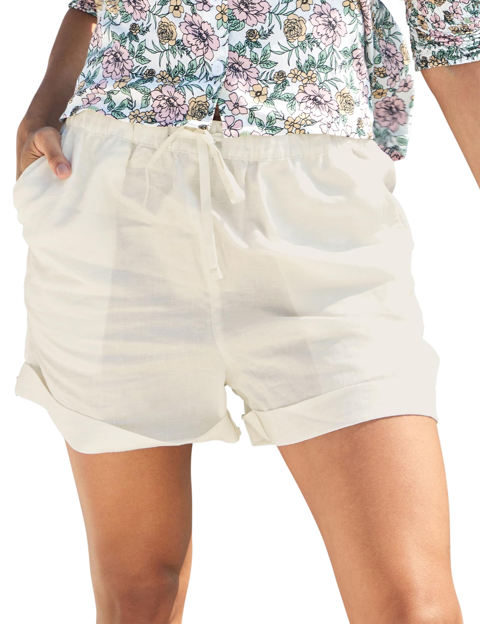 Enorsia Women's White Linen Blend Shorts Lightweight Summer Casual Shorts With Elastic Waistband & Drawstring, Side & Back Pockets Beachtravel & Holiday Wear (Uk, Numeric, 12, M, Regular, Regular, )