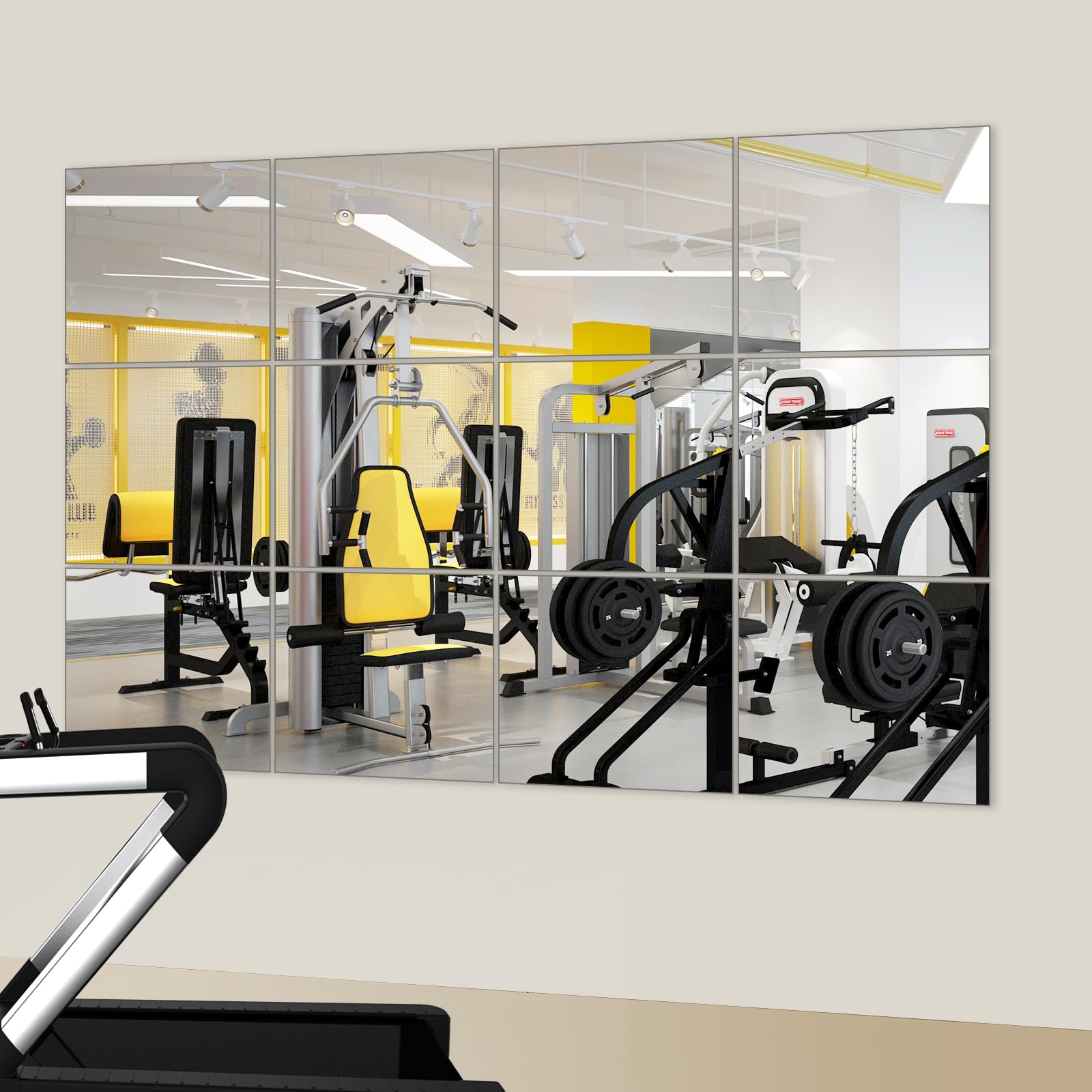 JAMBALAY Azulejos de espejo de pared de longitud completa, juego de 12 espejos de gimnasio en casa de 14 x 12 pulgadas, azulejos de espejo de vidrio HD, espejo de pared autoadhesivo sin marco para
