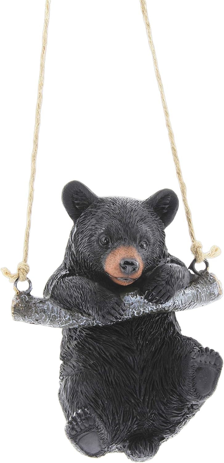 Playful Resin Black Bear on a Rope Hanging Figurine (Swinging)