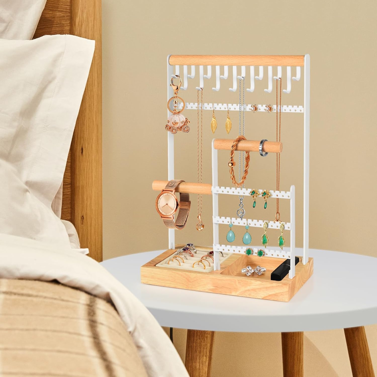 PAMANO Jewelry Organizer with Ring Tray, 15 Hooks Hanging Necklaces, 2 Wooden Bracelet and Metal Display Stand for Watches Earring, Gifts for Women and Girls - Image 7