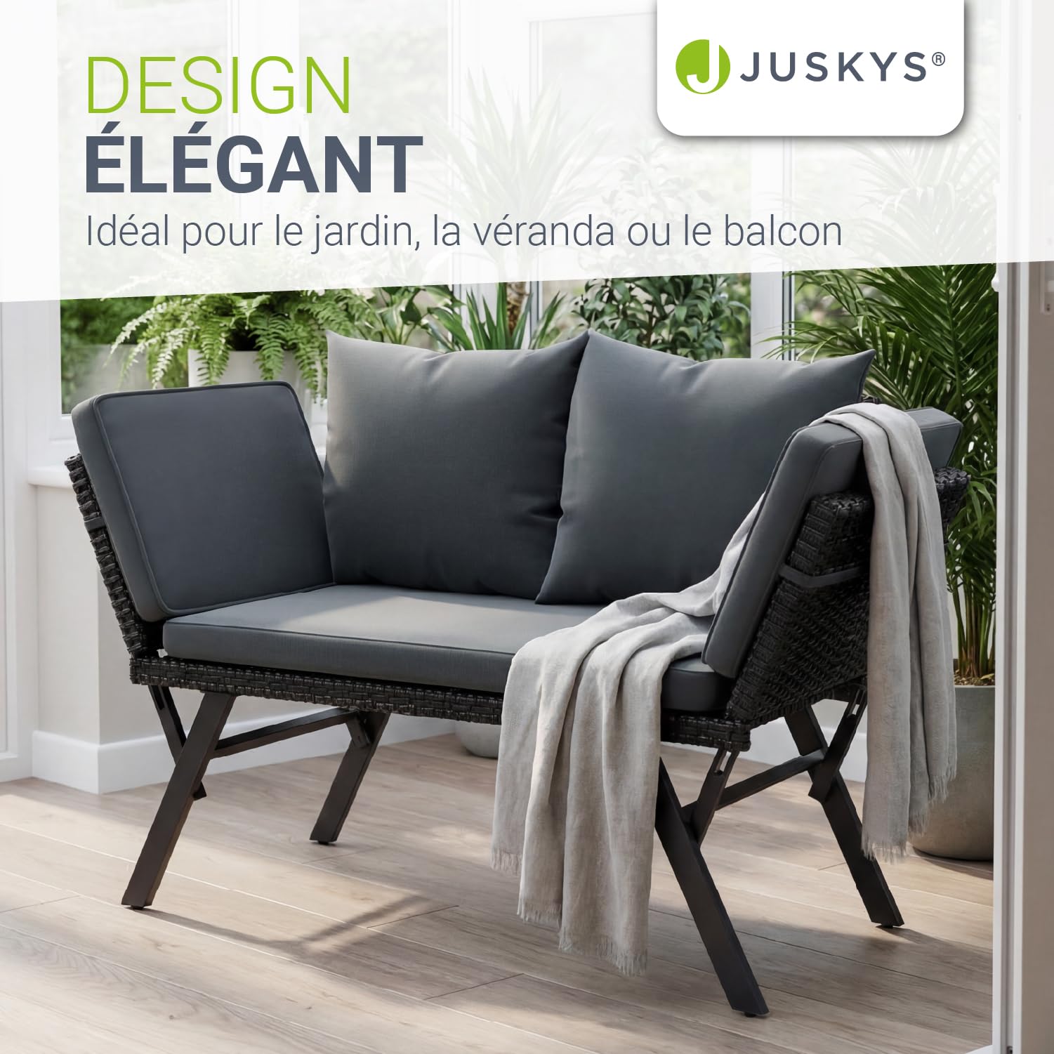 Juskys® Banc Multifonctions Calvia Noir/Gris - transat Pliable en polyrotin résistant, Banc Jardin Charge 240 kg