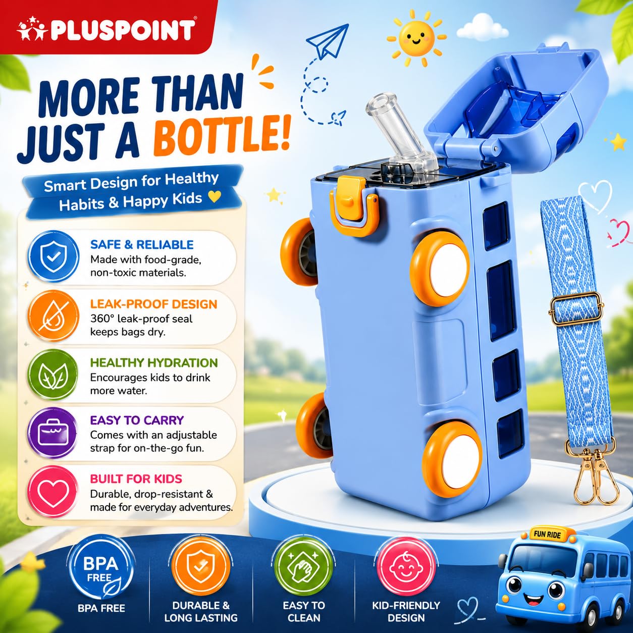 PLUSPOINT Bus Shape Water Bottle for Kids Detachable Straw with Shoulder Strap Leak-Proof Cartoon Water Bottle with Wheels (Color-Blue), Silicone, 500 ML — Amazon image 4