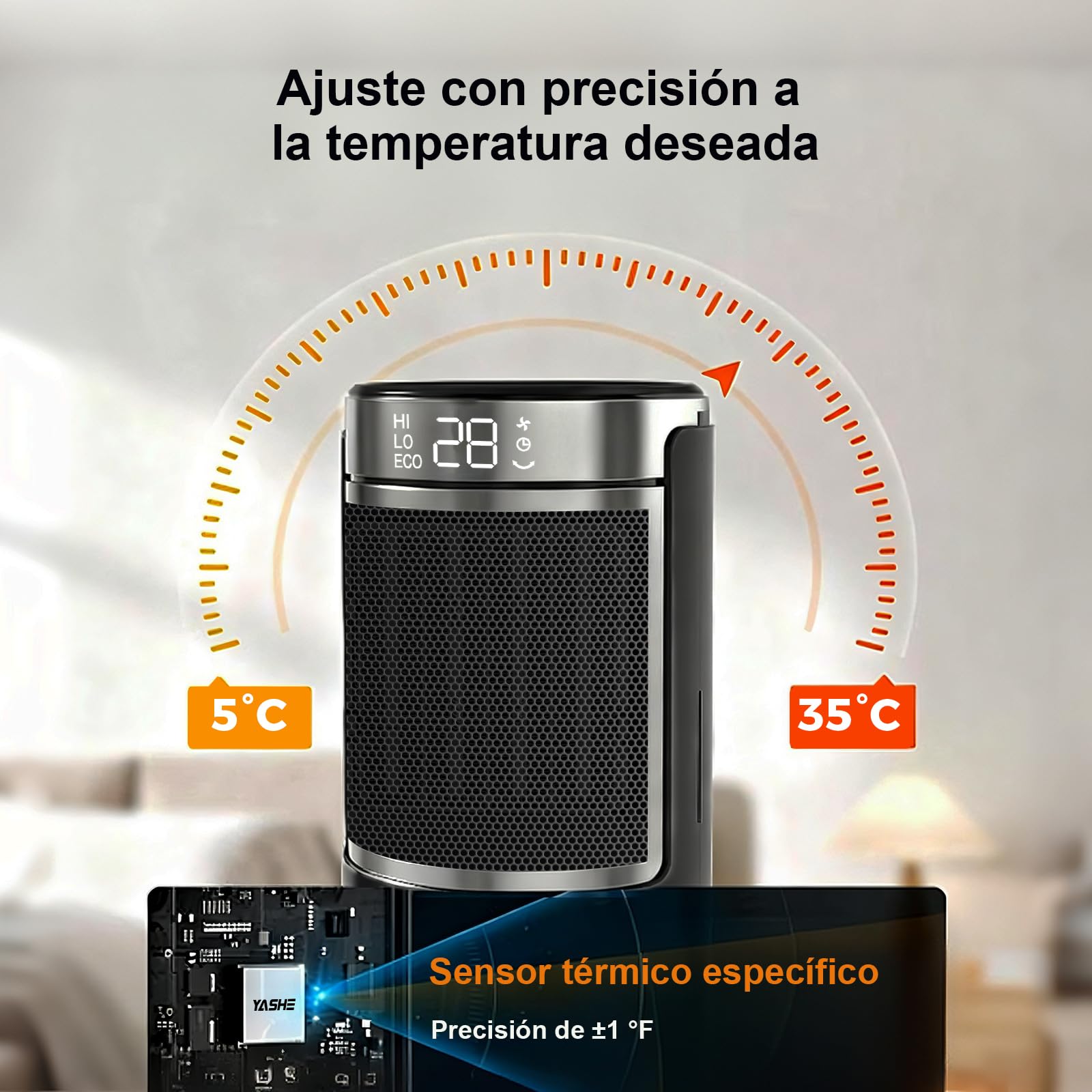 YASHE Calefactor Bajo Consumo PTC de 1500 W Con Ventilador y Ahorro de Energía, Control Remoto, Protección Contra, Oscilación de 70°, Sobrecalentamiento y Vuelco, Temporizador de 1 a 24 h