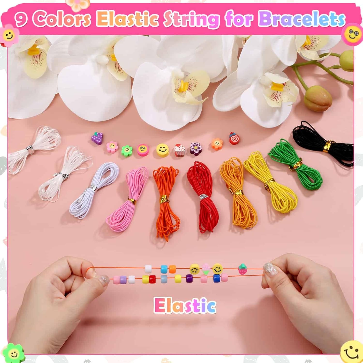 Bead Bracelet Making Kit, Cridoz Bead Kits for Bracelets Making with Pony Beads, Polymer Fruit Clay Beads, Smile Face Charm Beads, Letter Beads for Friendship Bracelets and Jewelry Making