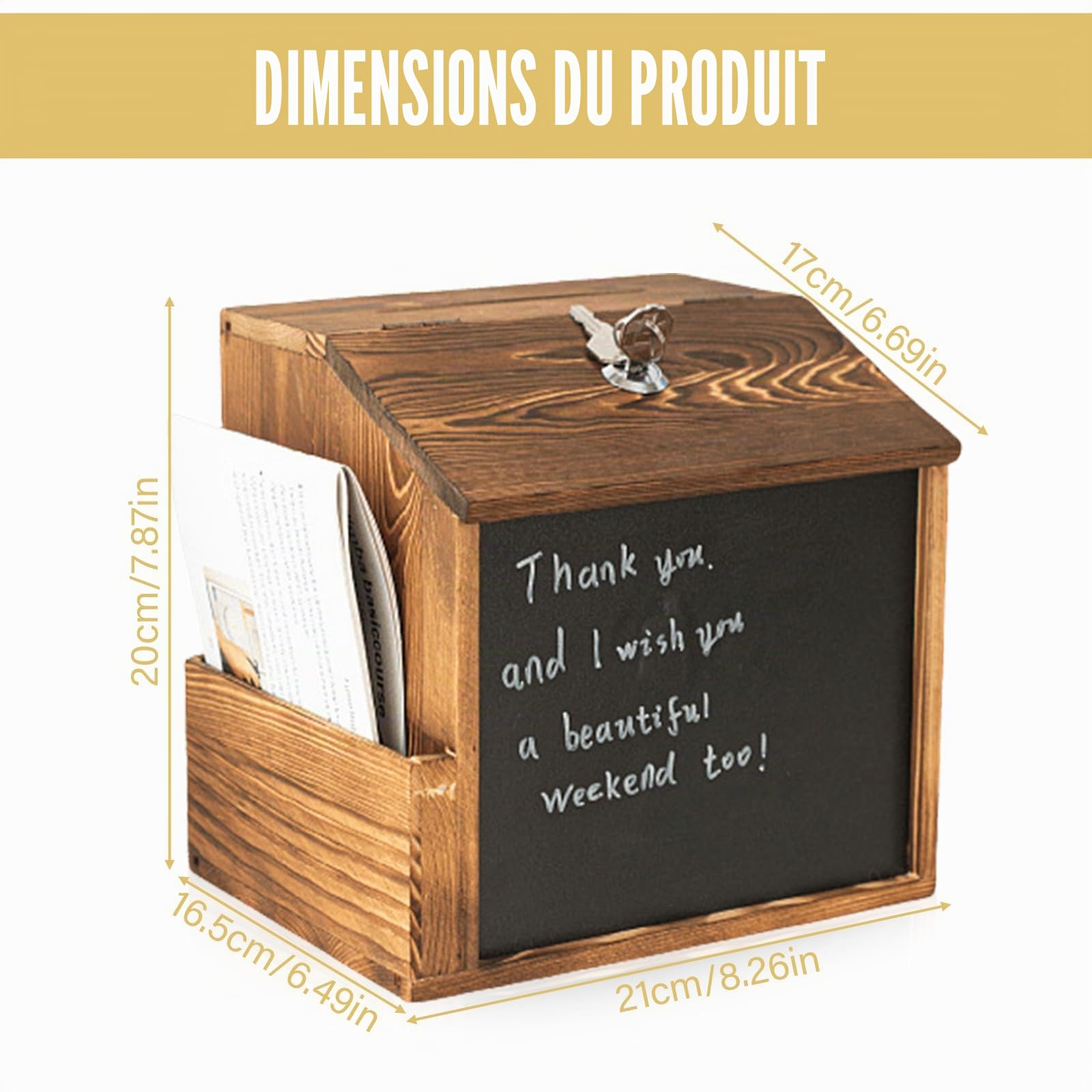 Boîte à suggestions en bois avec serrure et tableau à craie, boîte à dons verrouillable pour montage mural, boîte à suggestions, urne pour bureau, école, centre client, hôpital (Marron)