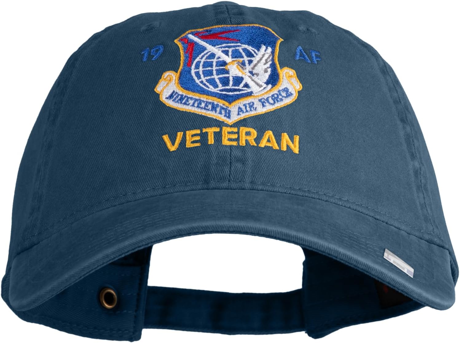 e4Hats.com 19 AF Nineteenth Air Force Veteran Embroidered Washed Solid Pigment Dyed Cotton Twill Brass Buckle Cap