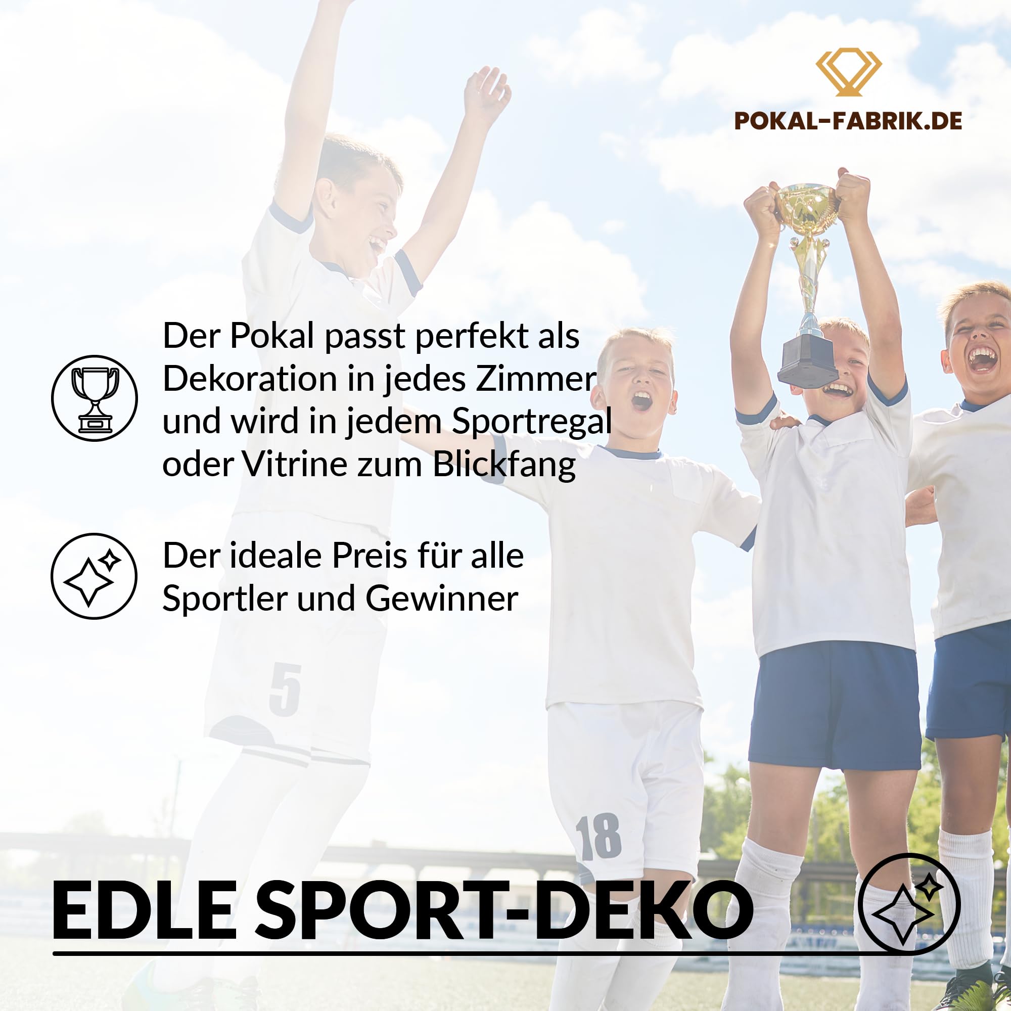 Pokal-Fabrik Pokal mit Gravur Wunschtext – Gold Trophäe mit Sportart Emblem nach Wahl – Personalisierte Auszeichnung für Fußball WM & Sport Events – 16/18/20 cm inkl. Marmorsockel