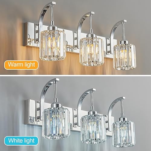 Miniatura 2 de Lámpara de tocador de cristal de 3 luces, moderno aplique de pared de baño cromado con pantallas de cristal K9, iluminación de espejo de 23.62