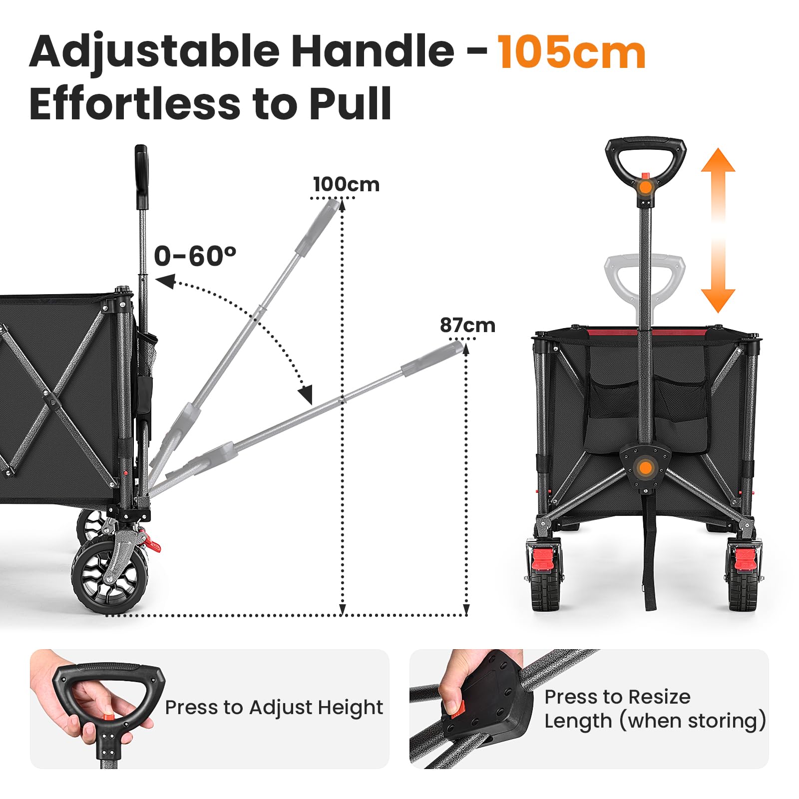 YEAUPE PRO Faltbarer Bollerwagen mit Feststellbremse – All-Terrain-Großräder, öffnendes Heck für Lange Gegenstände und Spanngurtnetz für Camping, Strand, Garten, Schwarz, 150-240L