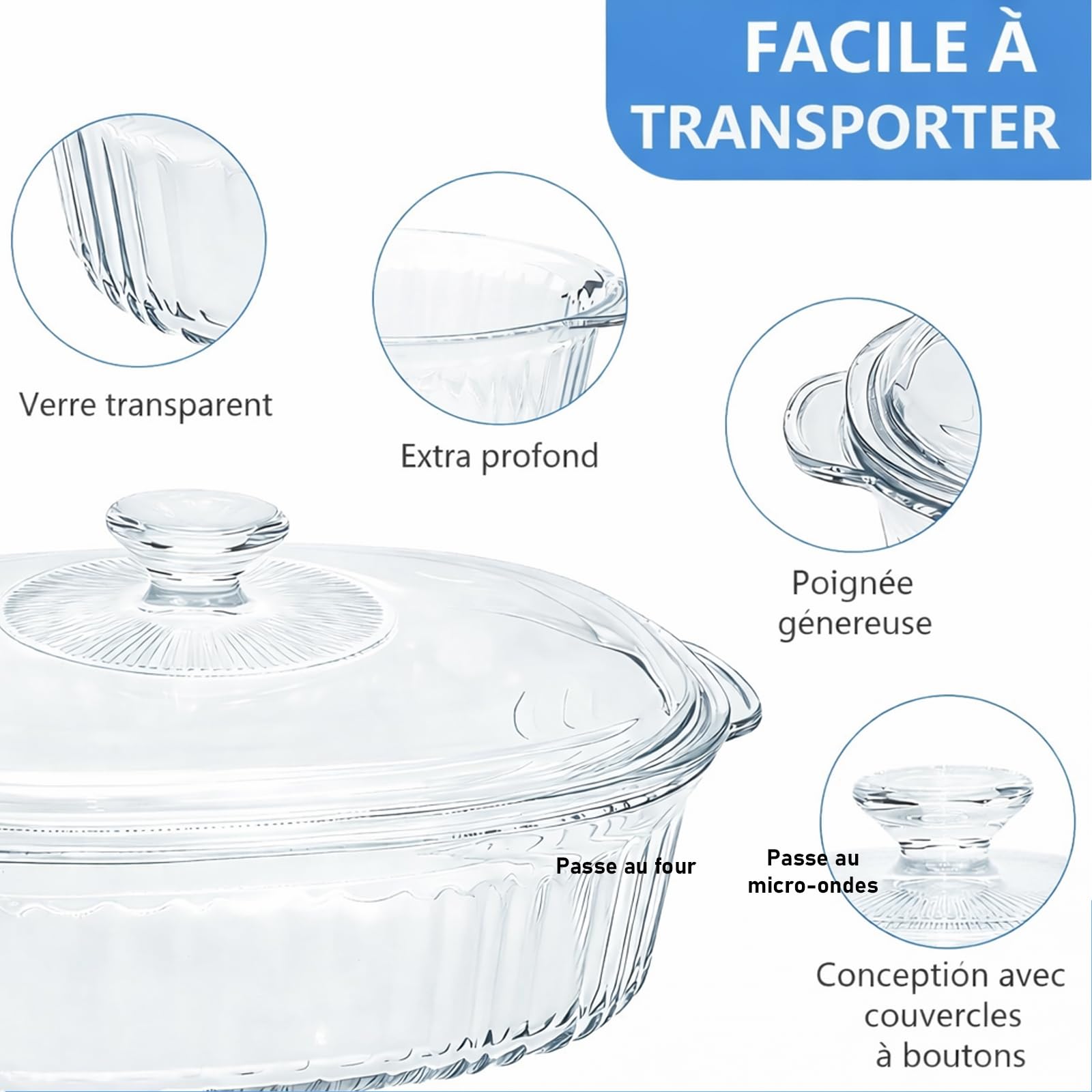Lot de 2 Cocottes en Verre Borosilicate avec Couvercles – Plats à Four Ovales 1,8 L et 3 L – Plats à Gratin Ultra-Résistants pour Four, Micro-ondes et Congélateur – Idéal pour Lasagnes et Rôtis