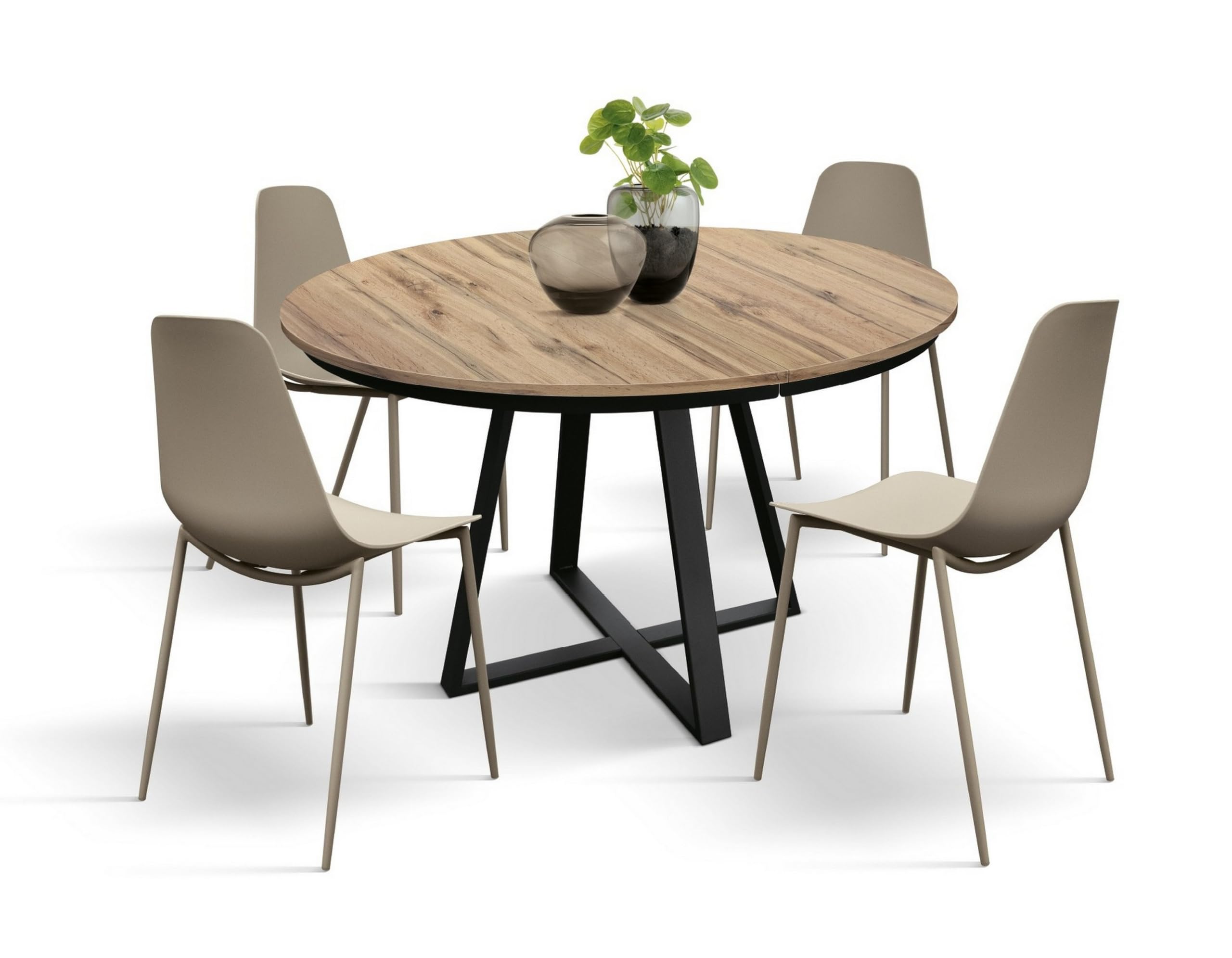 KONTE.DESIGN Tavolo rotondo PANTELLERIA in legno effetto rovere rustico con base a X in metallo antracite, allungabile ⌀120 cm - ⌀170 cm