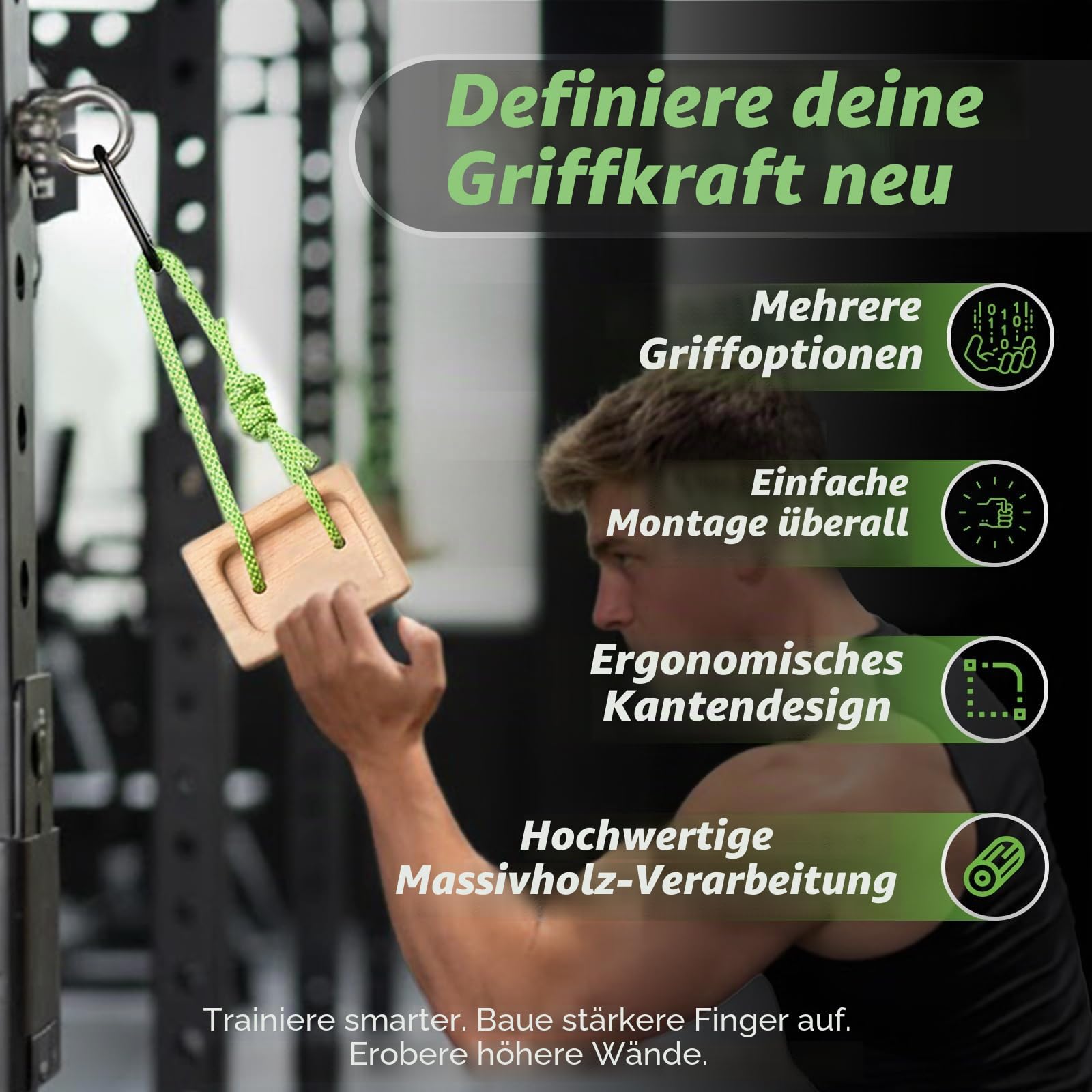 J Bryant Tragbares Holz-Trainingsboard für Kletterer – Doppel-Tiefen-Fingerboard zur Griff- und Unterarmkraft-Übung – Buchenholz mit Seilen & Karabinern