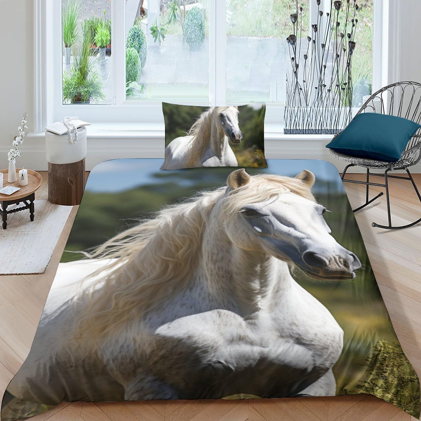 Parure de lit cheval blanc 3D SCOOVY 135x200cm pour lit simple enfant et adulte