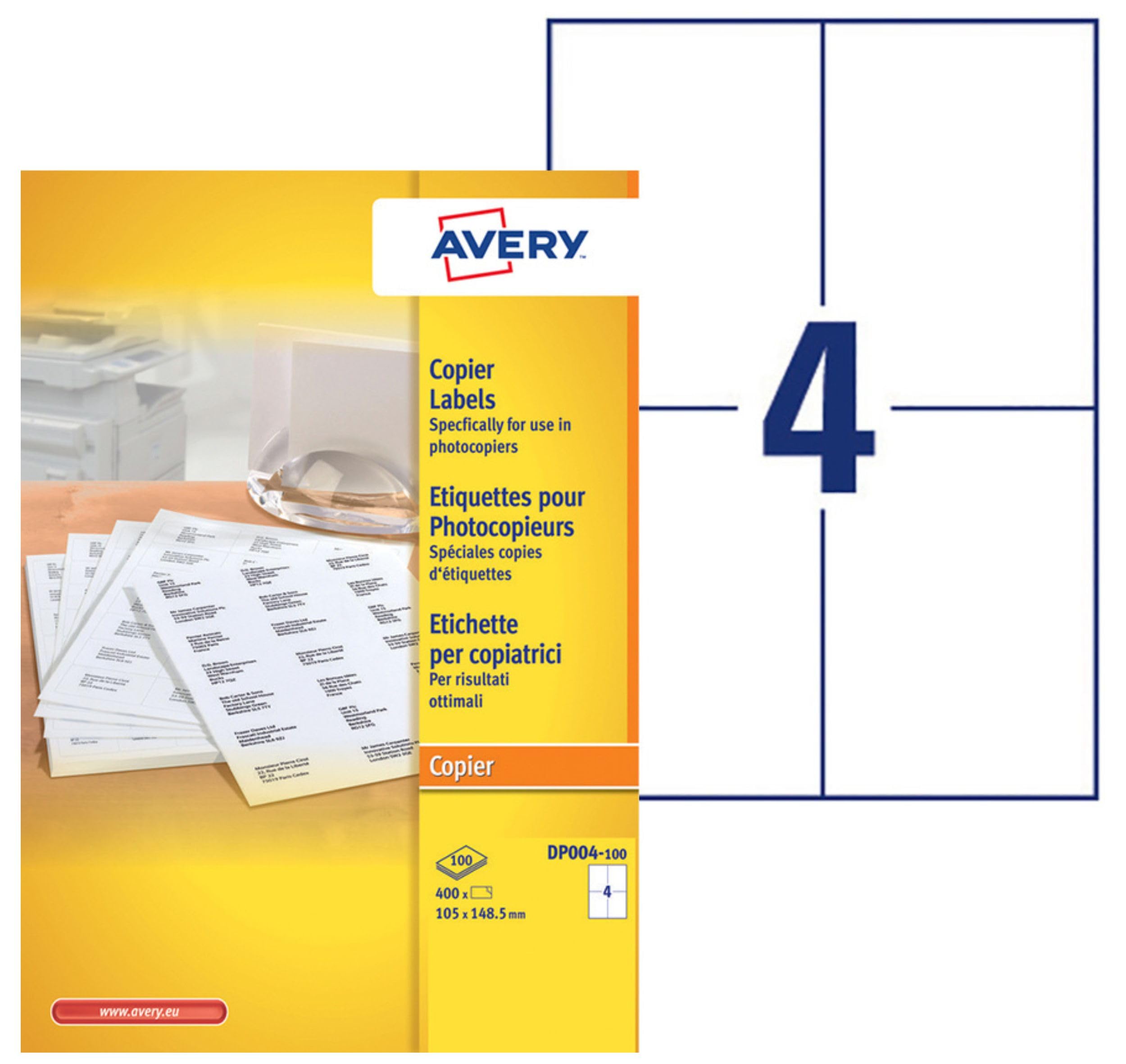 AVERY - Boite de 400 étiquettes autocollantes multi-usages, Format 105 x 148,5 mm, Impression copieur, (DP004-100)