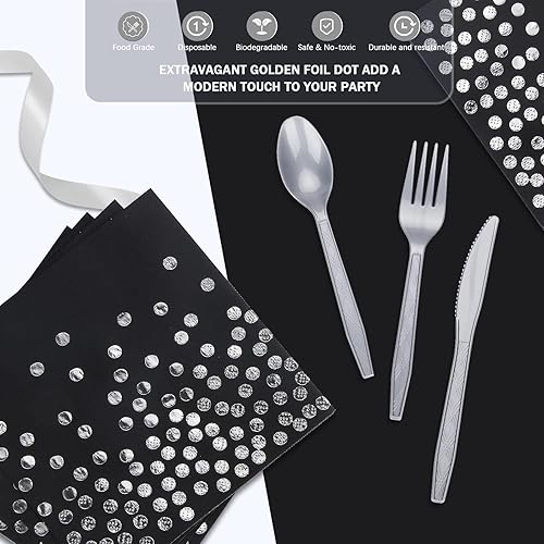 Miniatura 5 de 140 piezas de suministros de fiesta negros y plateados: plato de cena, plato de postre, servilleta, taza, tenedores, cuchillos, cucharas,