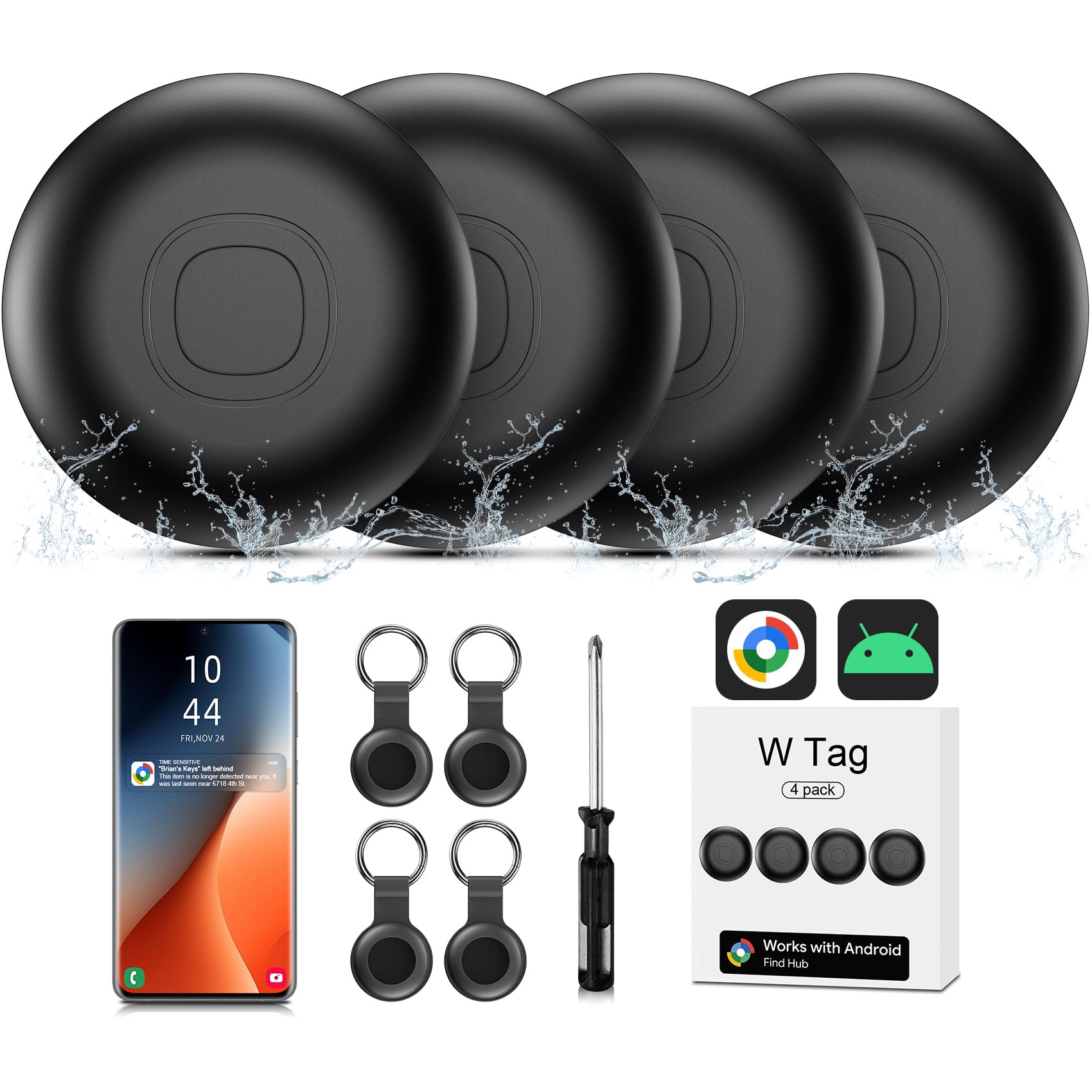 Air Tracker Android, IP67 Impermeabile Smart Tag Individuatore chiavi compatibile con Google Find Hub APP (Android Solo) 4 Pack Bluetooth Tag Key Finder per Bagaglio/Portafoglio/Valigia/Borse