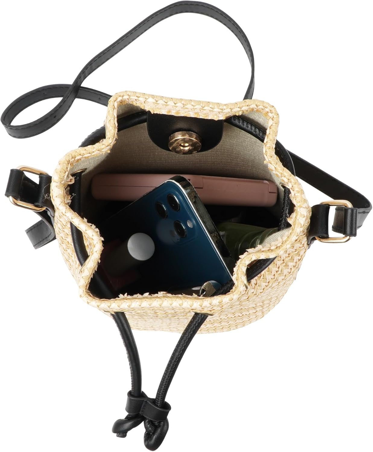 Goclothod Small Drawstring Shoulder Bag Straw Weave Handbag Summer Beach Purse - Image 6