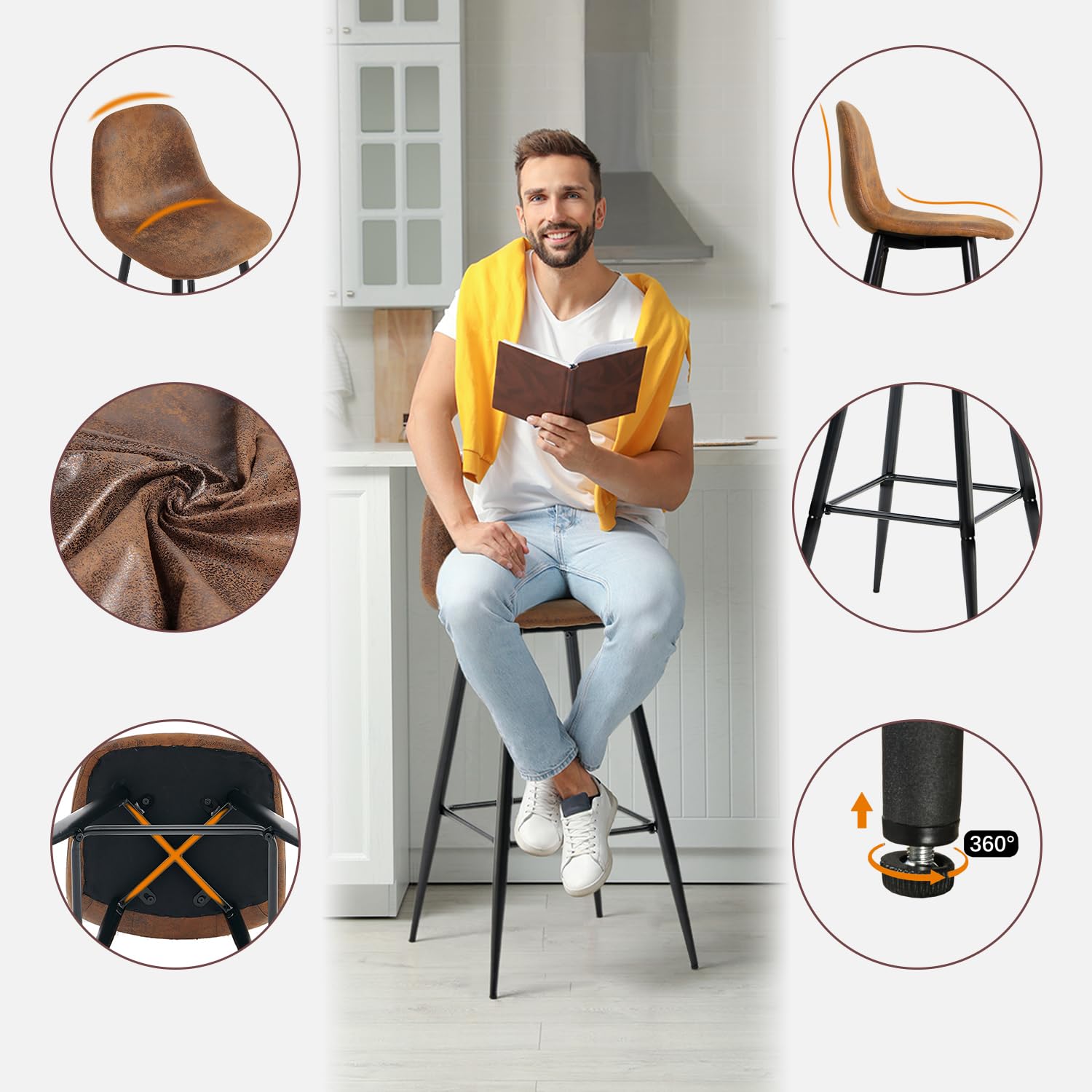 MEUBLE Cosy Juego de 2 Taburete de Bar con Respaldo y Reposapiés Tapizados de Gamuza Vintage Industrial Asiento de 72,5 cm de Altura para Cocina, Bar, Comedor, Marrón