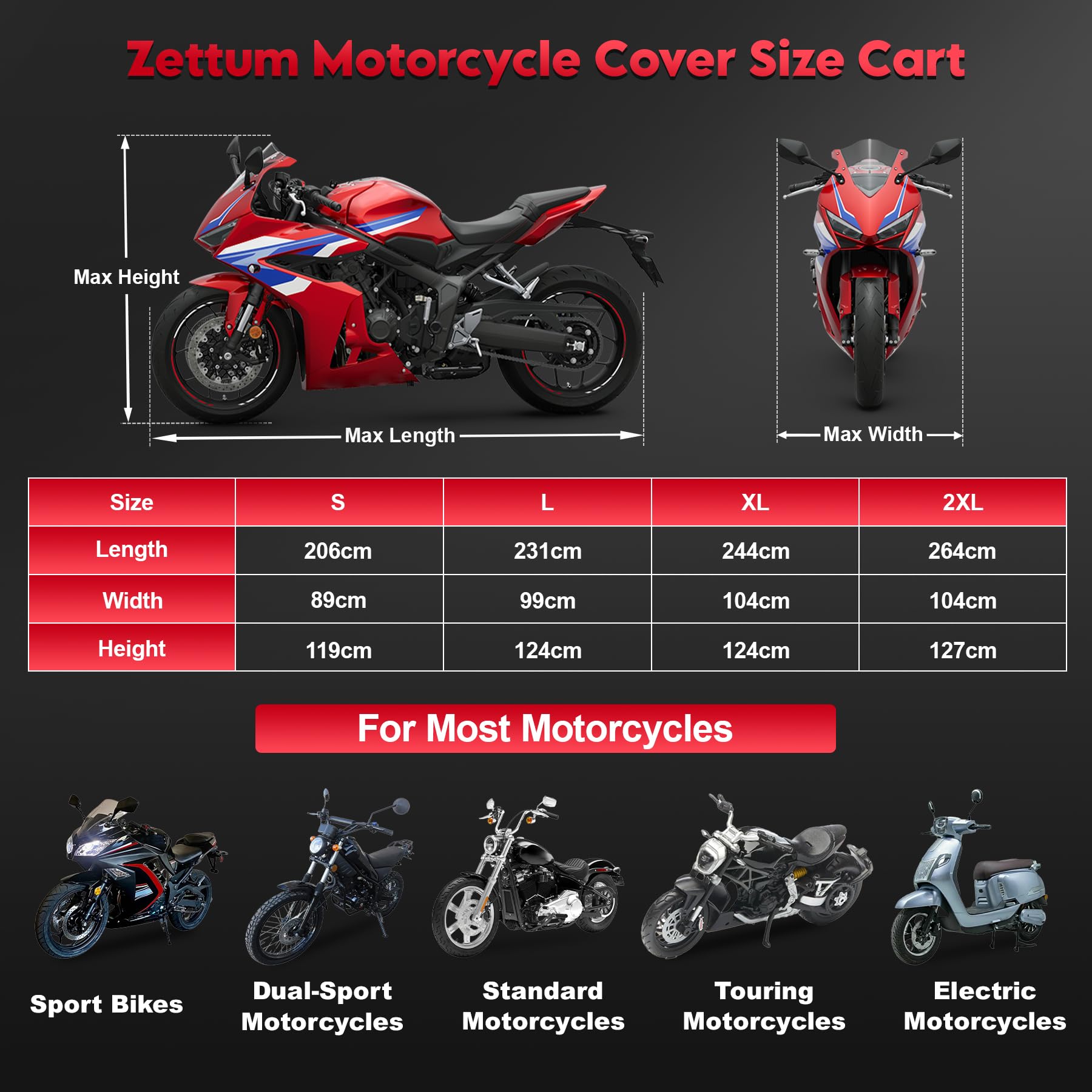 Zettum Motorrad Abdeckplane 206 cm – 600D PU wasserdichte Motorradabdeckung | Mit Reflektoren, Wasserdichte & Winterfeste Motorradeschutz mit Schlossöffnung, für Moped Roller Motor Enduro/Straßen