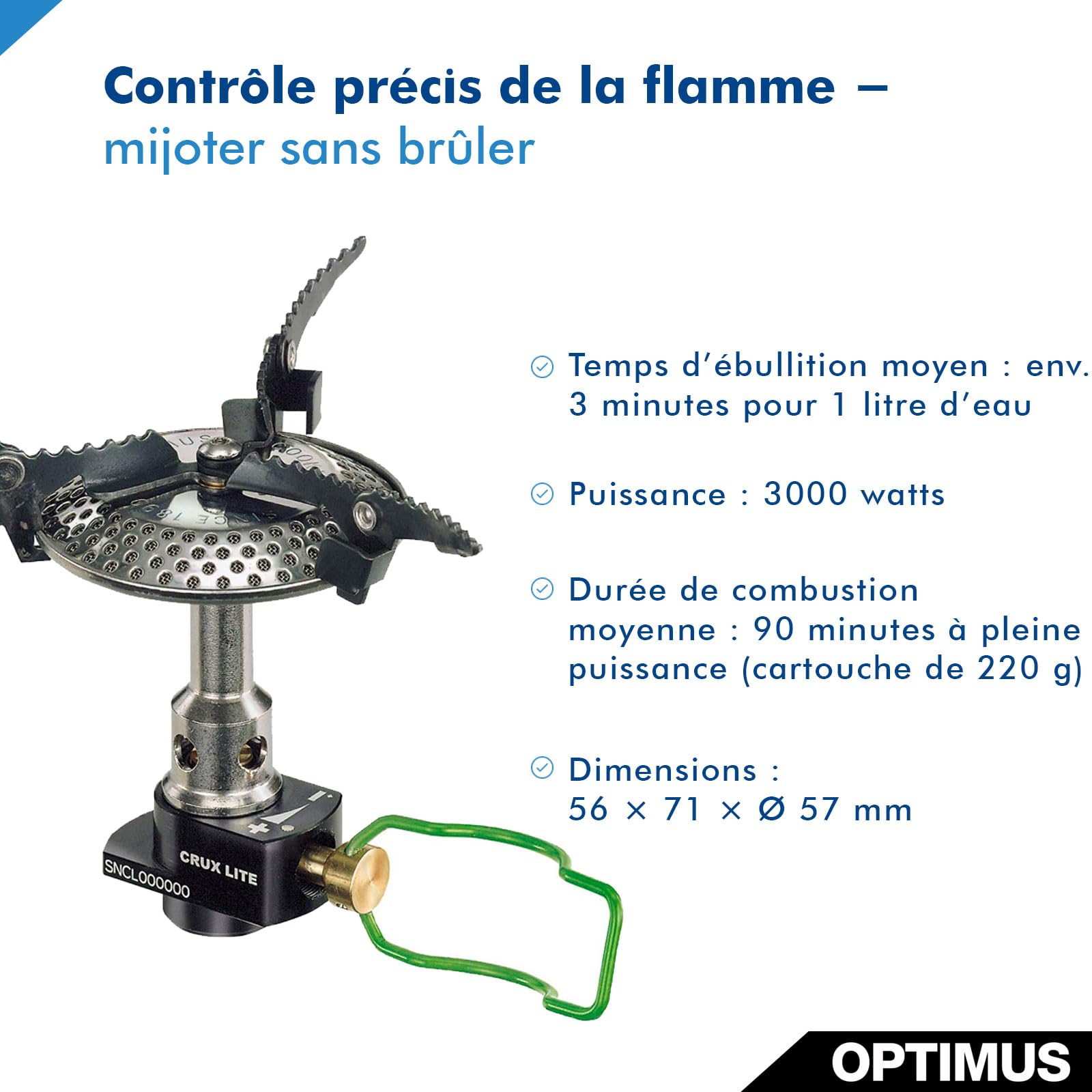 Optimus Crux Lite Solo – Système de cuisson gaz ultra‑léger pour camping & trekking : réchaud + casserole 0,6 L & poêle | 3000 W | poids total 272 g | avec sac filet et pochette néoprène