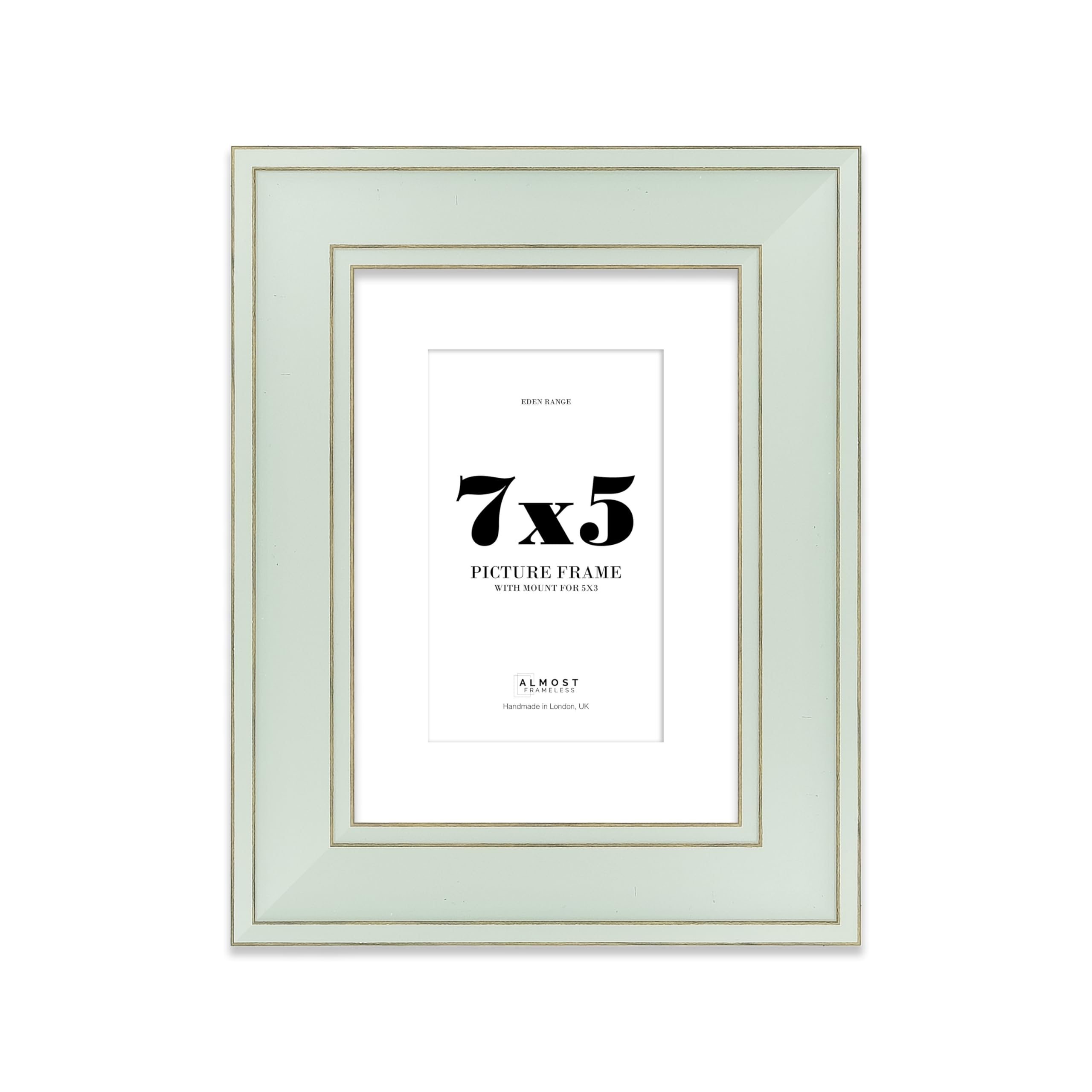 7x5" Sage Green Picture Frame with 5x3" Mount - Shabby Chic Photo Frame with Distressed Finish, Gold Trim, Wall Hooks and Kickstand, 37mm Edge - 1 Pack