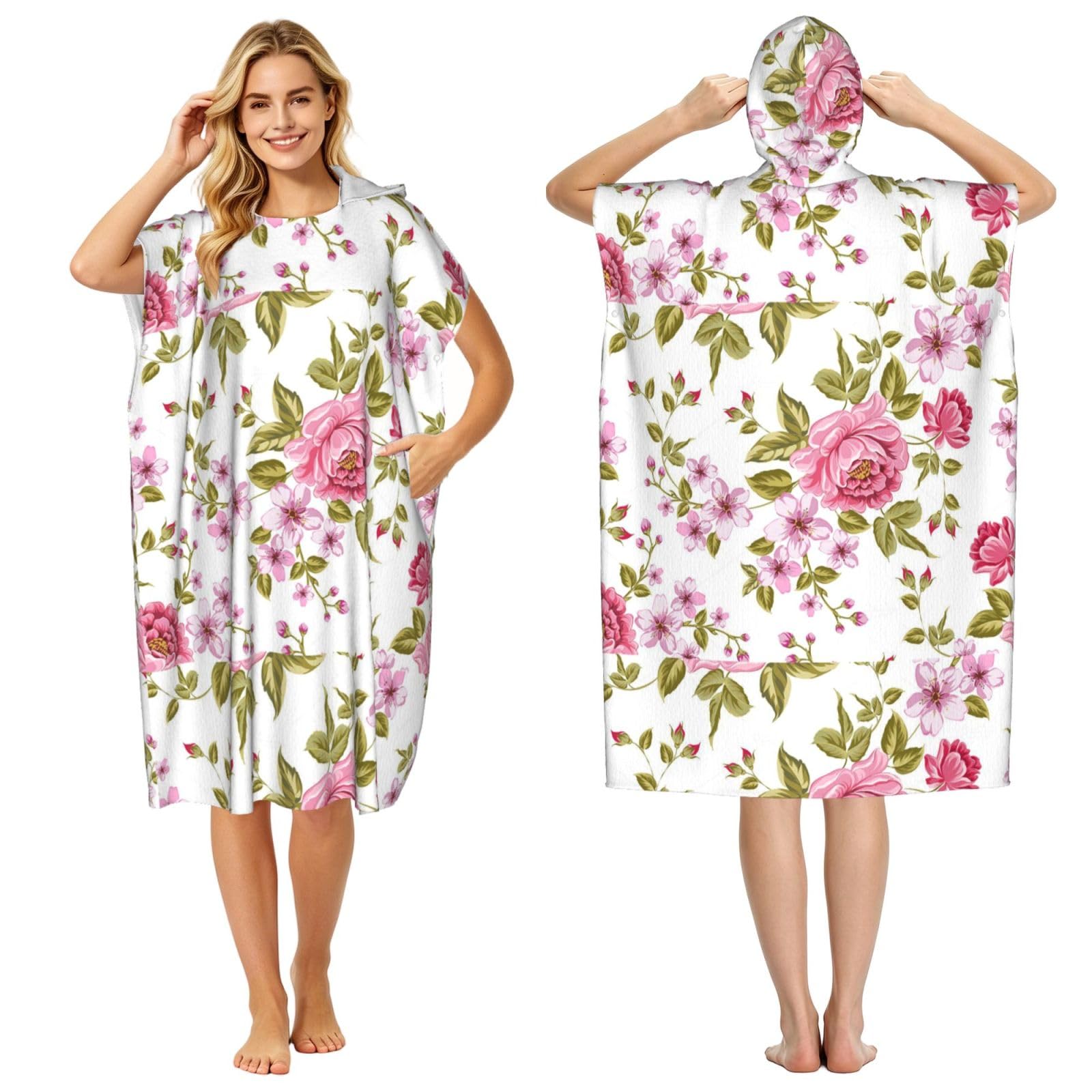 Poadnly Straw Pink Peonies, Adult Hooded Beach Towel 90 x 110 cm,Changing Bath Robe, Surf Poncho Towel For Women Men