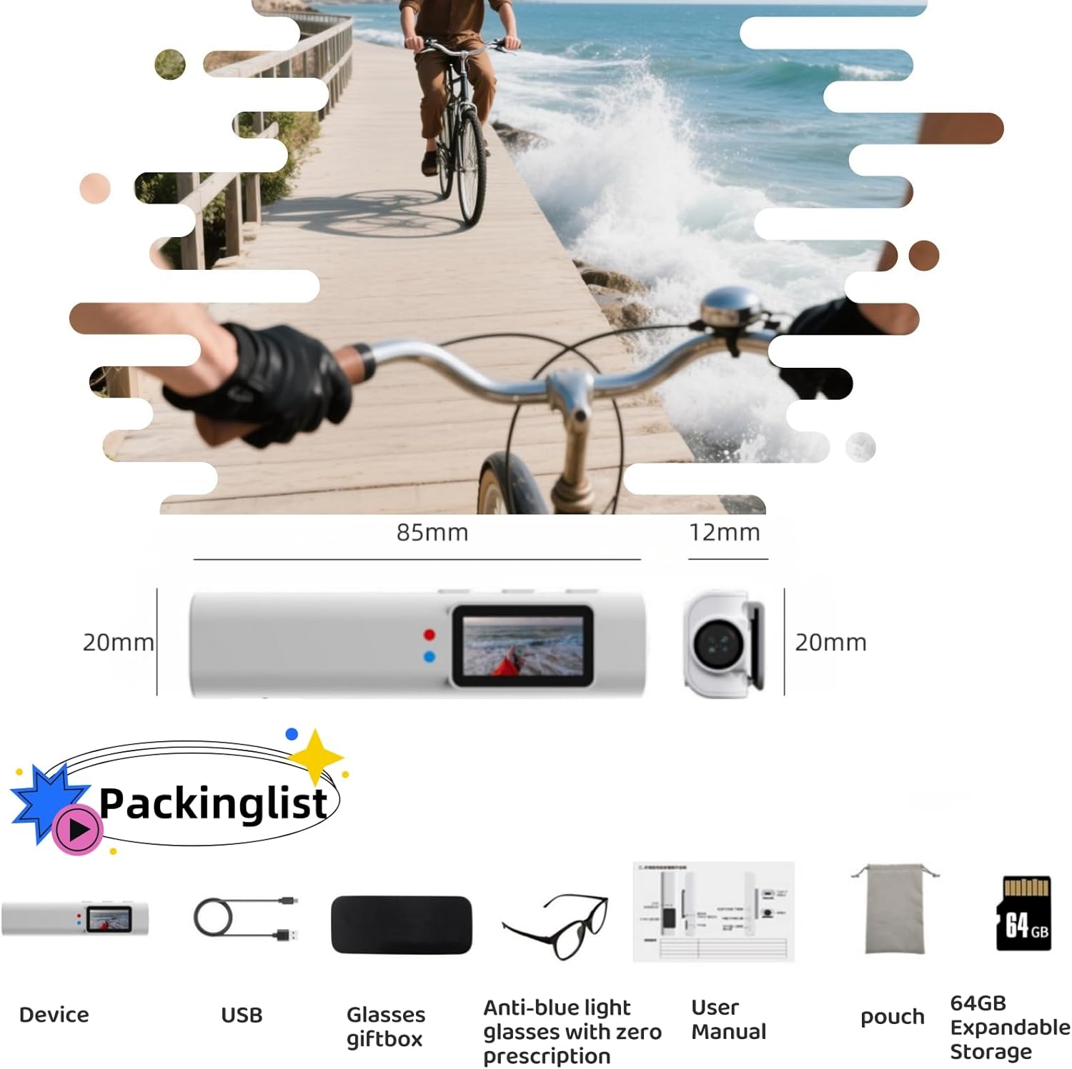Diagram showing the wearable camera device, USB cable, glasses giftbox, anti-blue light glasses, user manual, pouch, and 64GB expandable storage.