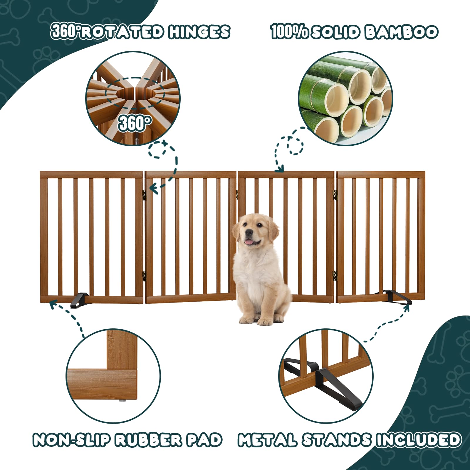 Semiocthome Freestanding Dog Gates and Barriers Indoor Pet Gates for Doorways and Stairs 60cm (H) - 4 Panels Puppy Gate with 2 Metals Stands Adjustable Safety Fence Fit Up to 188cm - Walnut — view 4