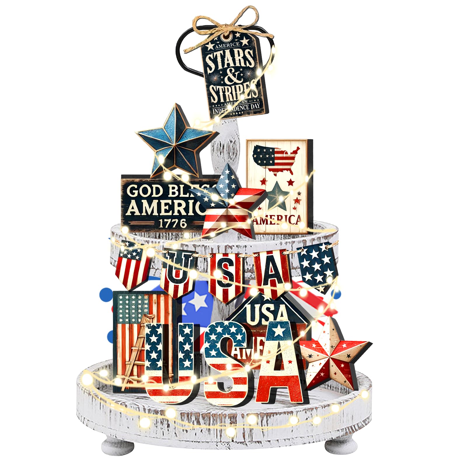 kauomi 18 Pcs 4th of July Tiered Tray Decorations Set - Fourth of July Decorations, Independence Day Decorations, American Patriotic Wood Tiered Tray Decor for Table, Party, Home, Office