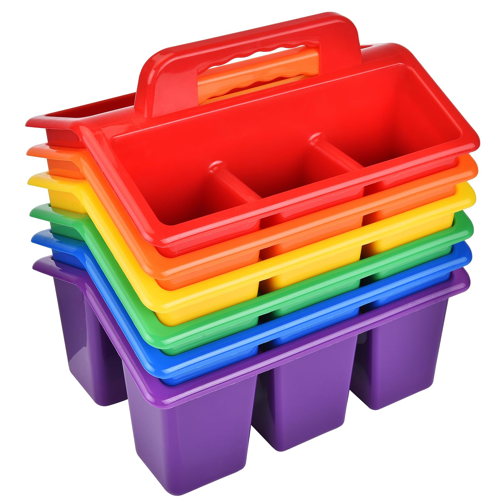 Haundry Classroom Caddy Storage Basket with Handle, 6 Pack Plastic Arts Office Crafts Caddy 4 Compartments for Kids, Pencil, Crayon, Marker, School Supplies, 6 Colors