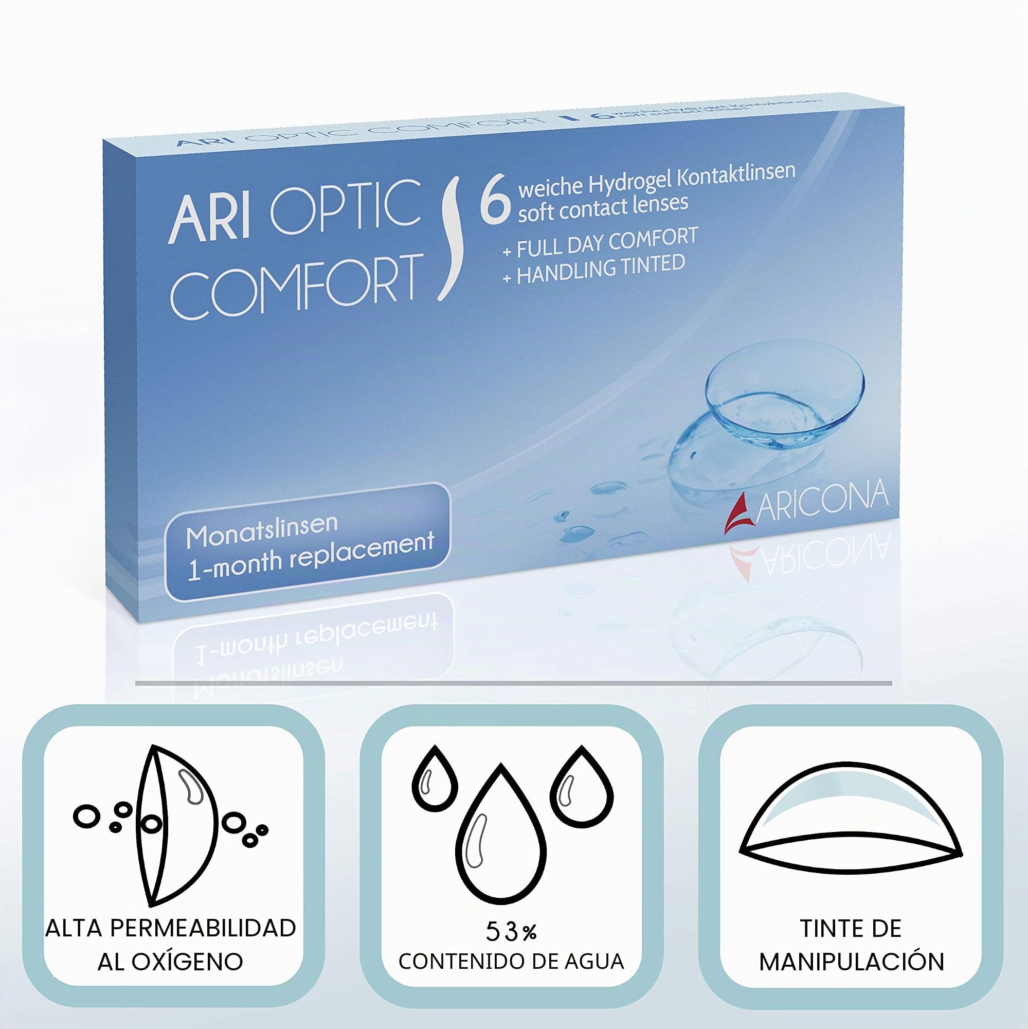 aricona lentes de contacto - lentillas mensuales, 6 piezas | BC 8,6 mm | DIA 14,2 | +3.0 dioptrías - lentes de contacto blandas para uso diario