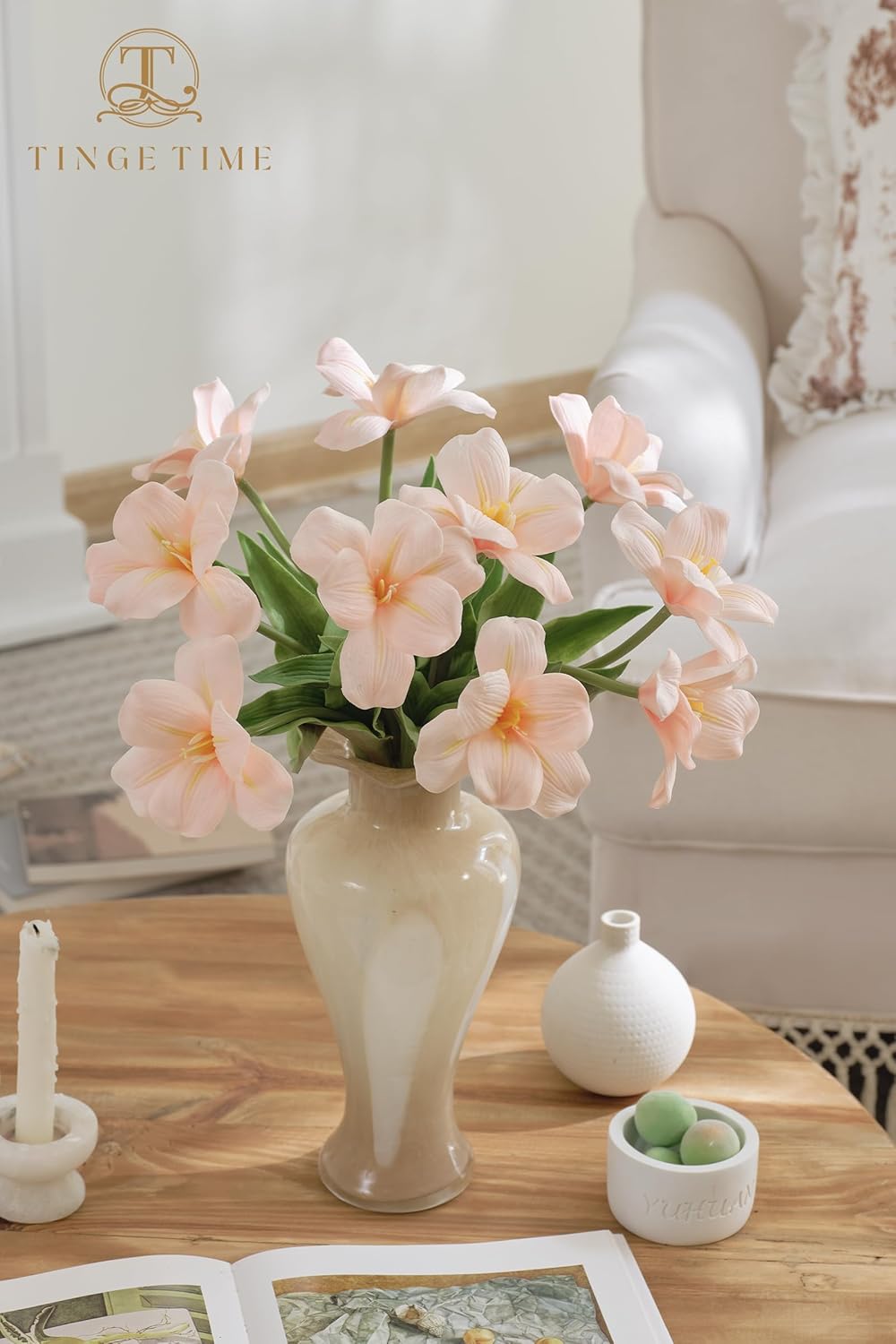 TINGE TIME 10pcs Fake Flowers, 15.3" Blooming Tulips Artificial Flowers,Real Touch Tulips for Valentine's Day Gifts（Pink）