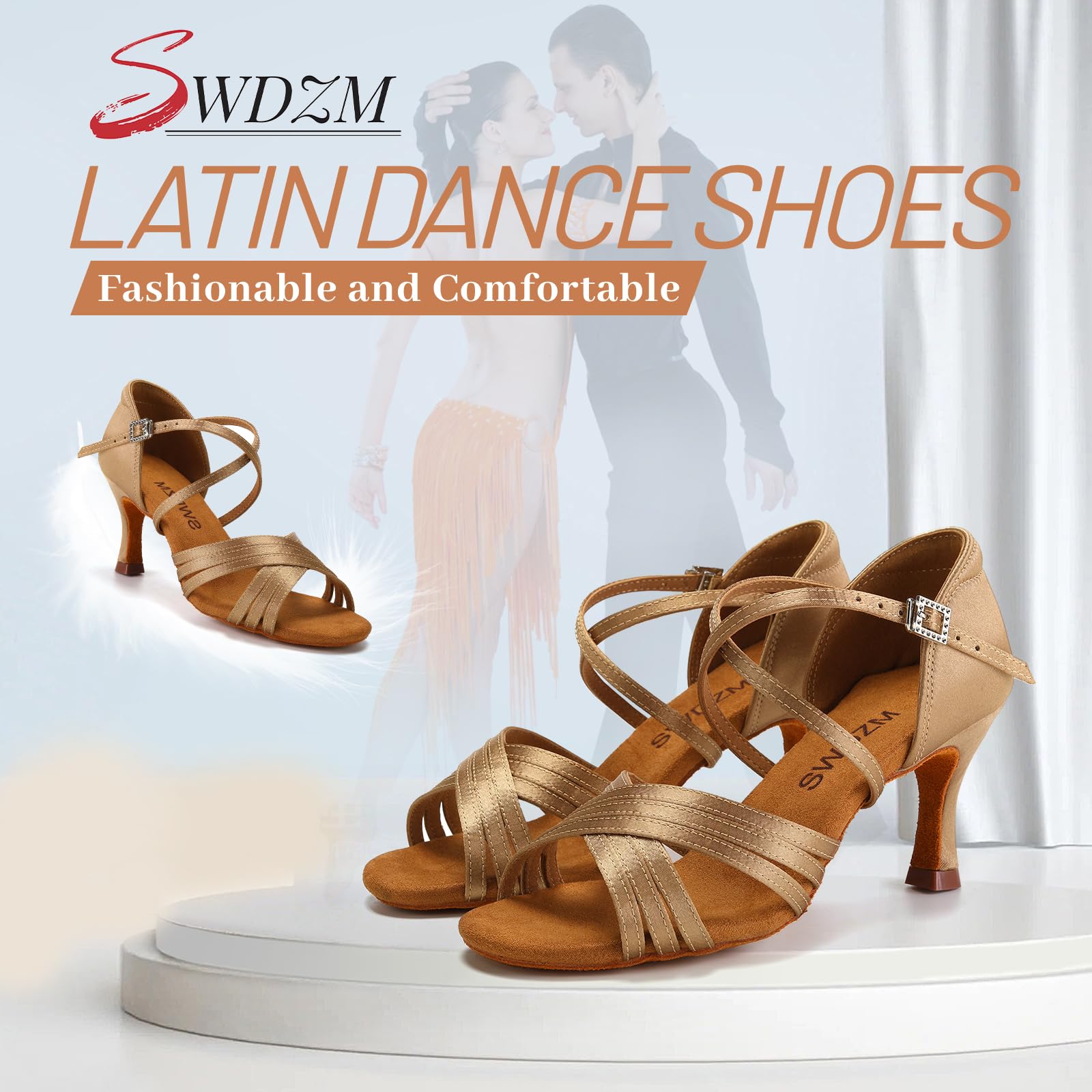 SWDZM Women Latin Dance Shoes Satin Professional Ballroom Salsa Practice Performance Dance Shoes,Beige,Heel 3 inch,Suede Sole,US 5