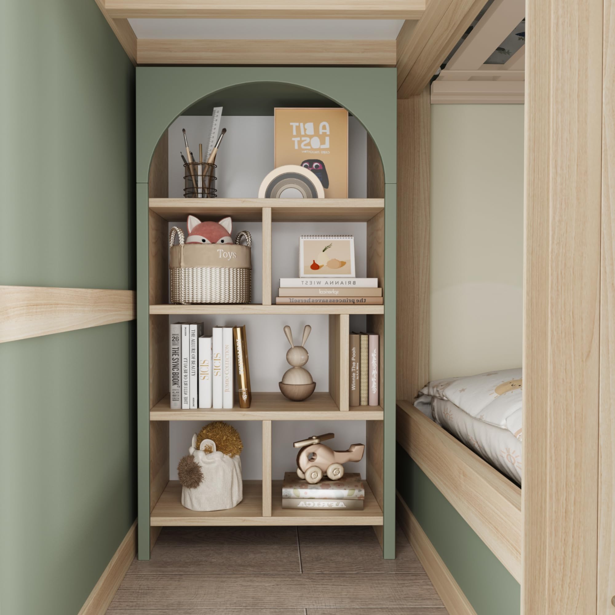 Kinder-Etagenbett 90 x 200 cm, Mit Bettgitter in Wolkenform, Dachkonstruktion Mit Fenstern, Stauraumleiter, Regalen und Schubladen, Kinderbett aus Holz, Bett für Jungen und Mädchen, Doppelbett(Grün)