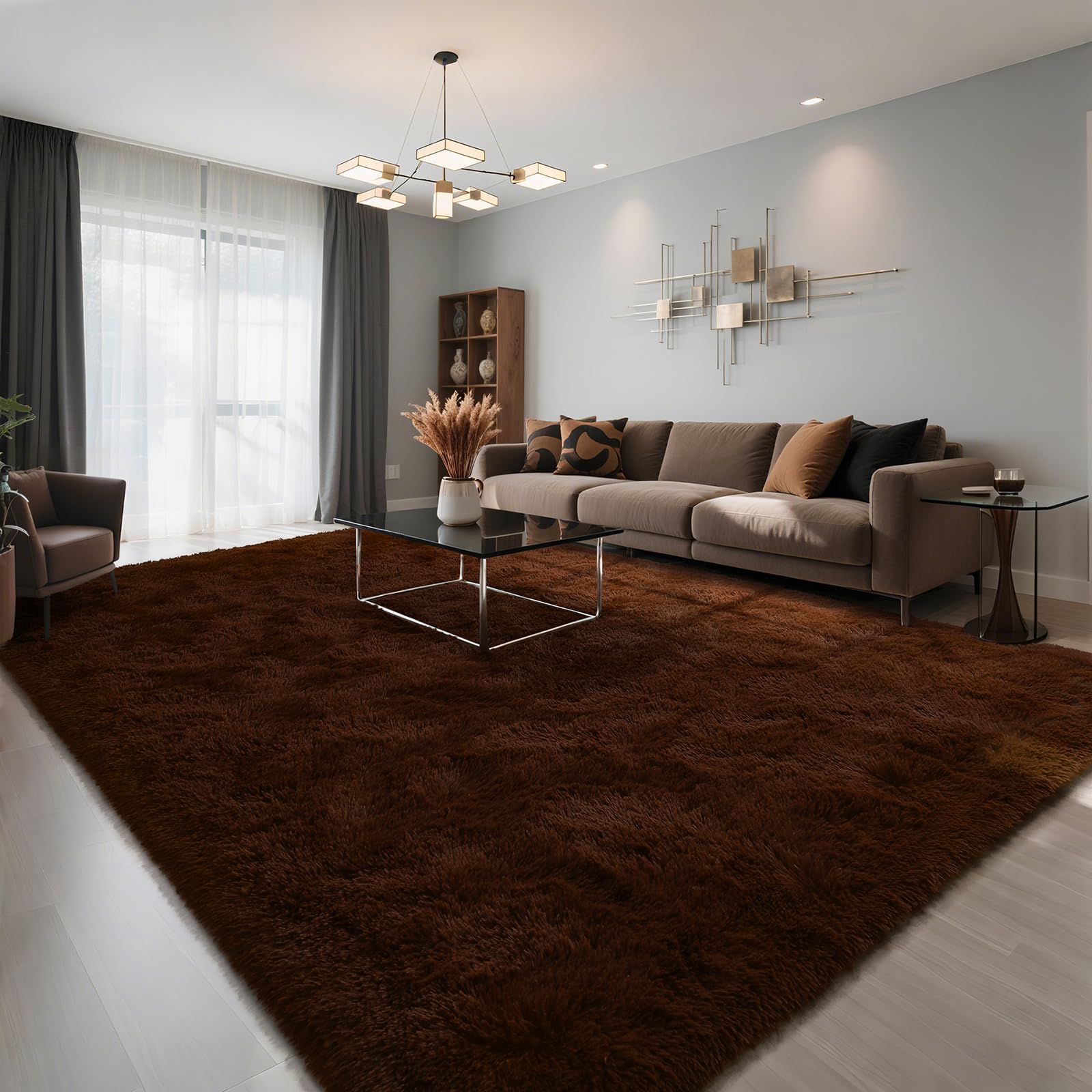 Tapis de salon pelucheux marron anti-choc et doux pour chambre enfant