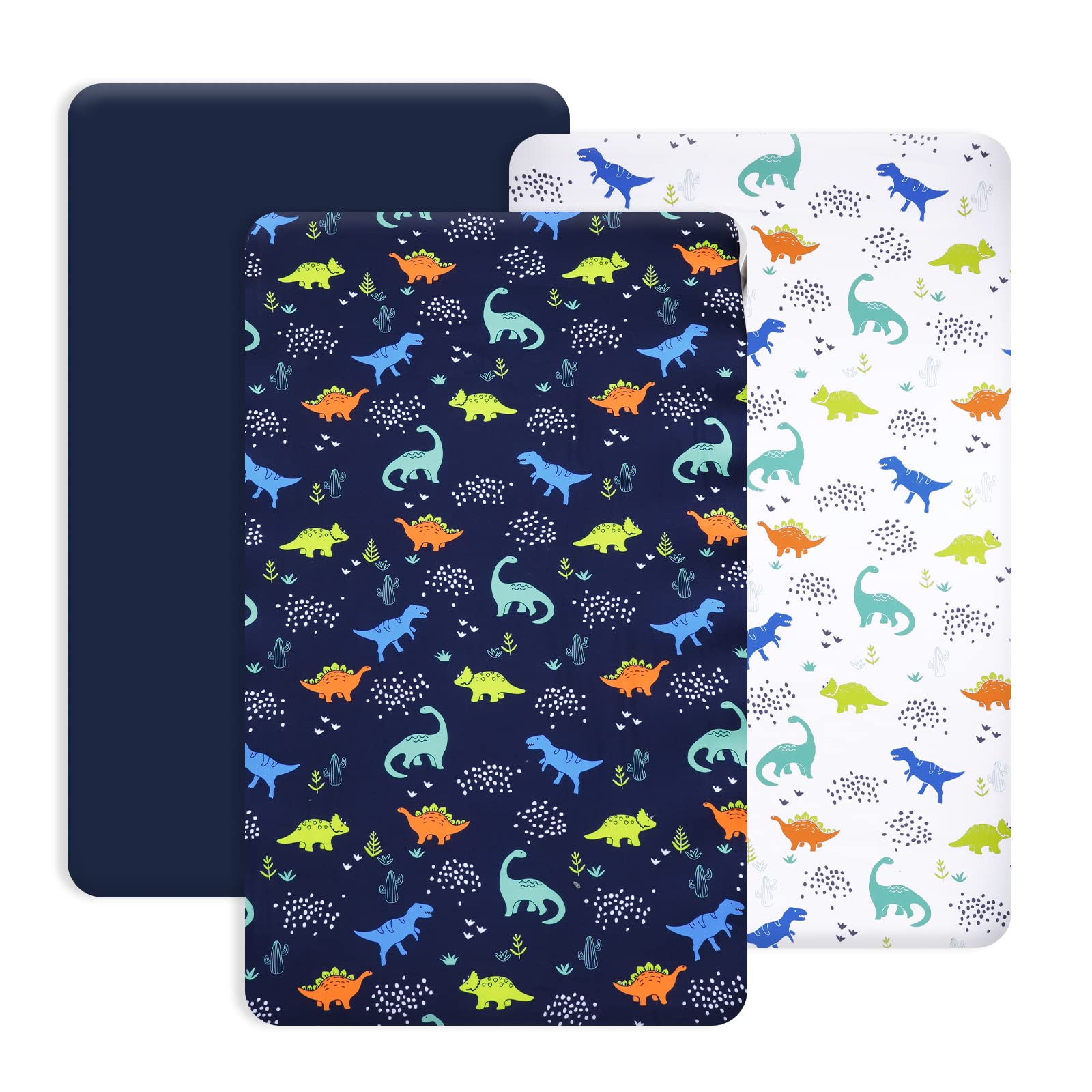 PHF 3 Pack Soft Mini Crib Sheets, Dinosaur Pack N Play Sheets for Baby Boys Girls, No Slip Universal Fit for Pack N Play, Playard, Portable and Mini Crib Mattresses,Navy DinosaurOEKO-TEX STANDARD 100