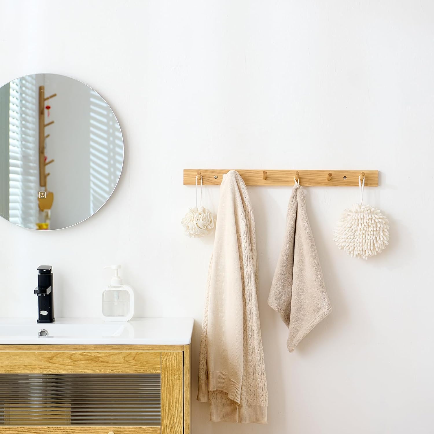 Hickory Wood Coat Rack Wall Mount, 20 Inch Coat Hook Hanger Wooden Wall Coat Rack with 5 Hooks for Purse Clothes Towels Hats in Entryway Bedroom Bathroom, Natural