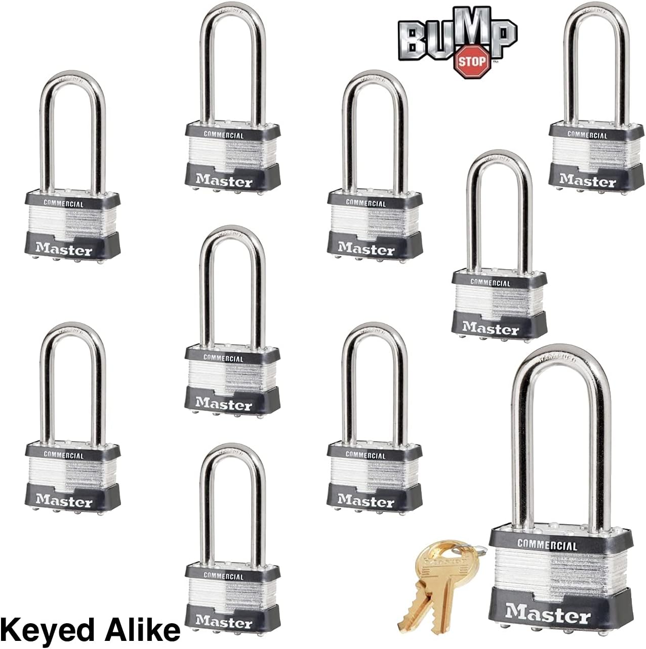 Master Lock Padlock - 2" W Body x 2-1/2"L Shackle, Ten (10) Keyed Alike Locks 25NKALJ-10 w/Bump Stop Technology