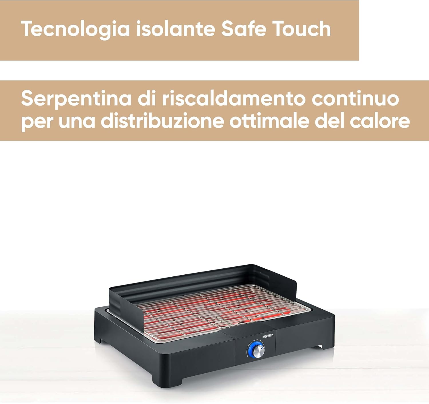 SEVERIN PG 8565 Barbecue elettrico 2200 W in acciaio inox regolabile fino a 250°, Grill elettrico per interni ed esterni con LED, Griglia da tavolo o balcone, fumo e odori ridotti, Nero