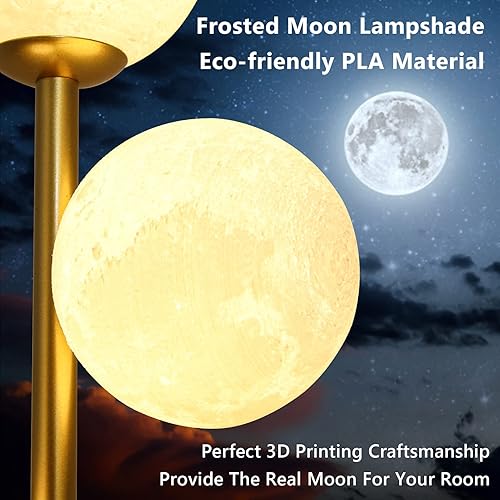 Miniatura 2 de Lámpara de pie de luna de 3 globos para sala de estar, moderna lámpara de pie dorada con impresión 3D esmerilada y bombilla LED, lámpara de pie de