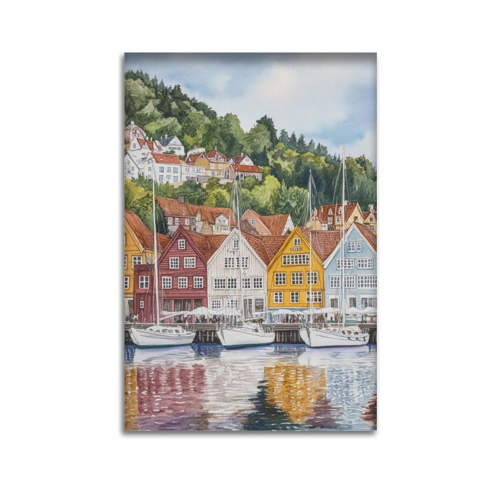 xiaoxiaoshen Bergen Norway Norwegian City Scenic Harbor Landscape Canvas Poster Wall Art Prints Room Aesthetic Murals Bedroom And Living Decorations 16x24inch(40x60cm)