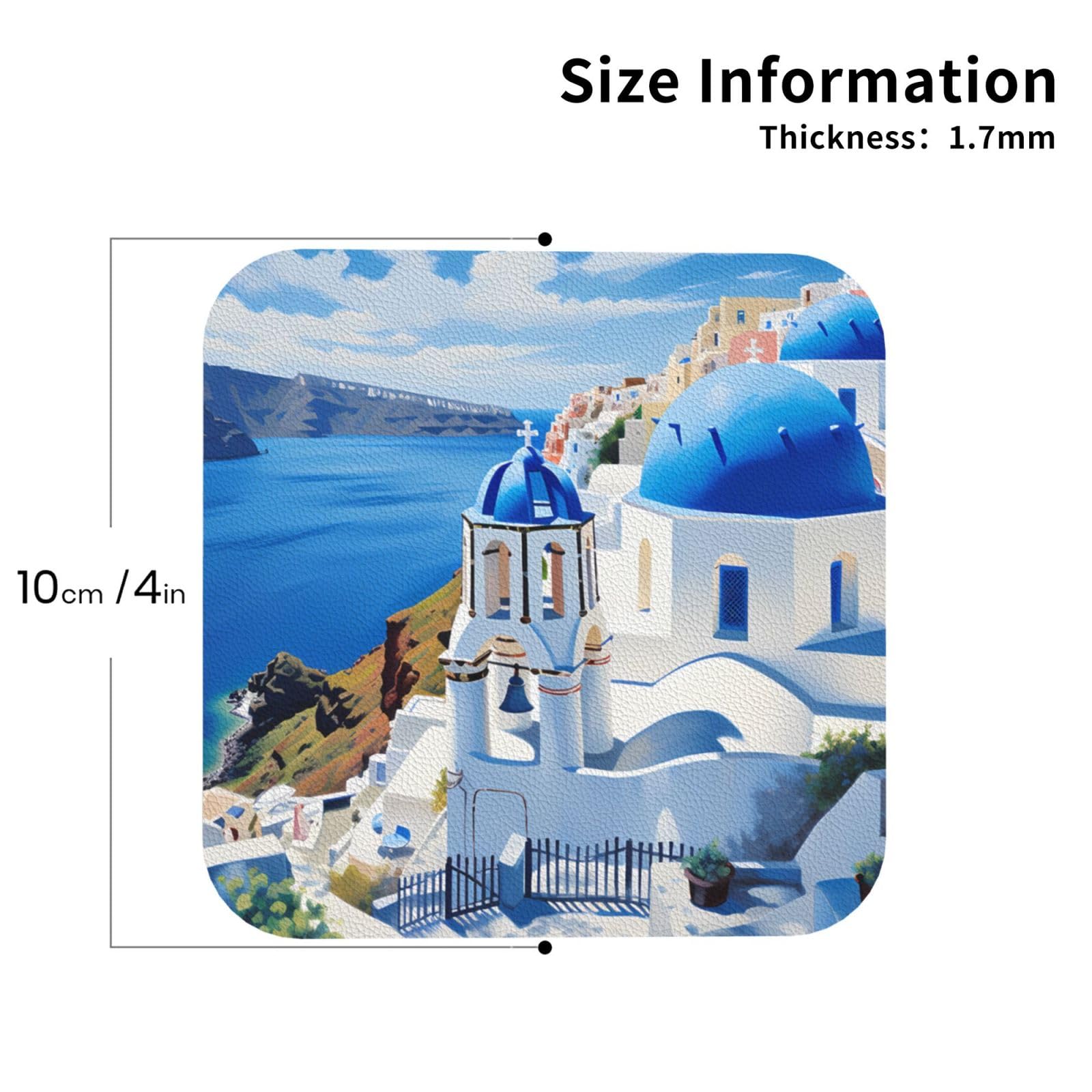Set Di 4 Sottobicchieri Beautiful Santorini – Grecia, Isola Greca – Viaggi, Regalo Divertente – Finitura Lucida Con Retro In Sughero – 9,5x9,5 Cm