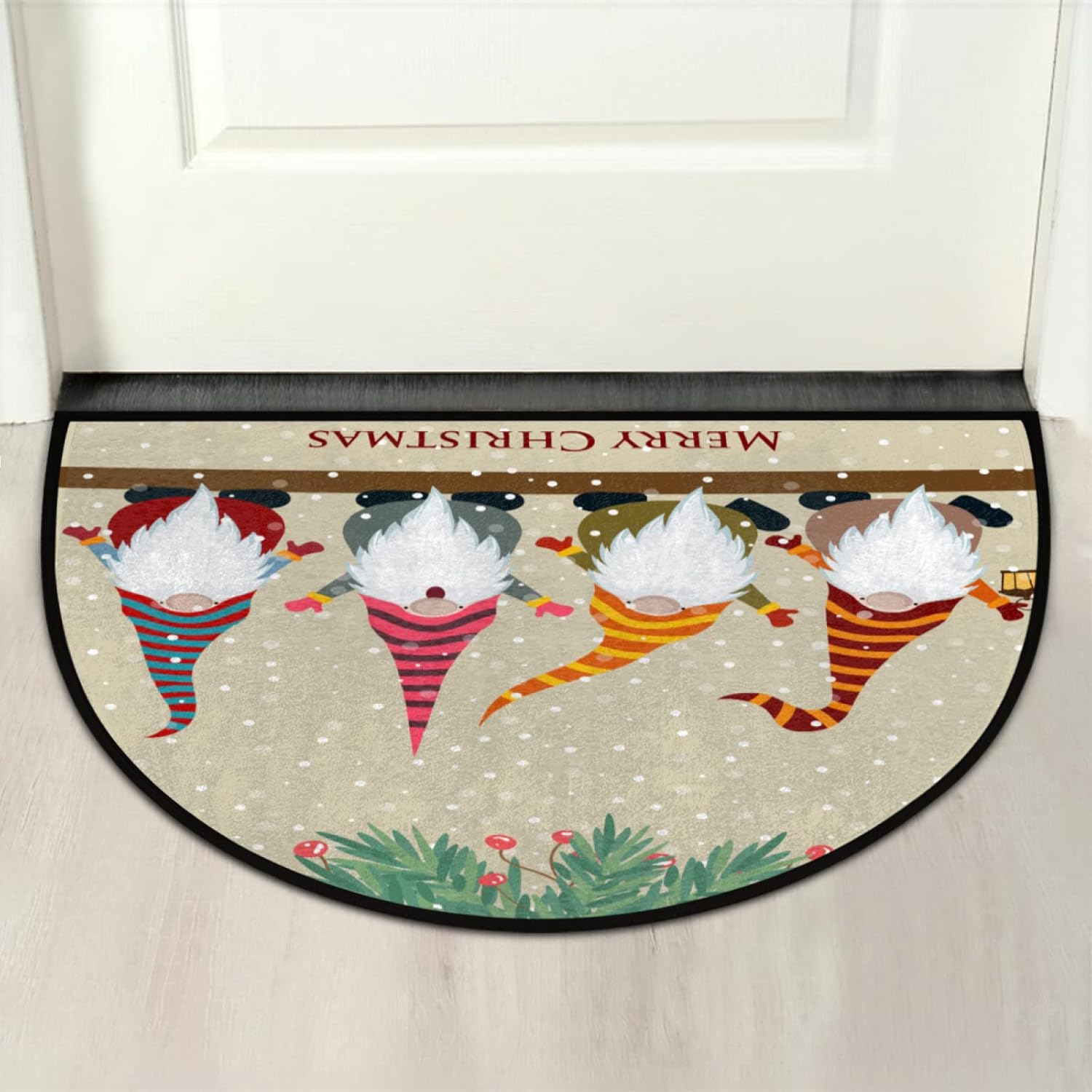 Christmas Gnomes Half Round Door Mat Christmas Dwarf Soft Non-Slip Front Doormat Welcome Mats Machine Washabl Entryway Rug Ideal for Inside Outside Home High Traffic Area