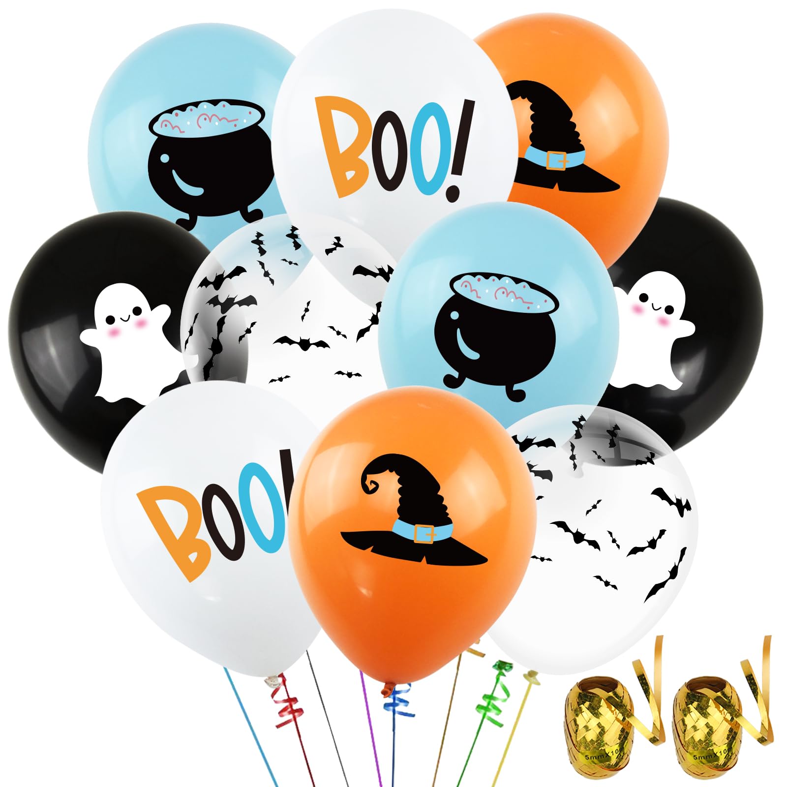 50Pcs Halloween Baby Shower Balloons, Boy Halloween Blue Orange Black White Latex Balloon with Cute Ghost Wizard Hat Black Bat Printed for Halloween Birthday Party Decor Ghost Little Boo Happy Boo Day
