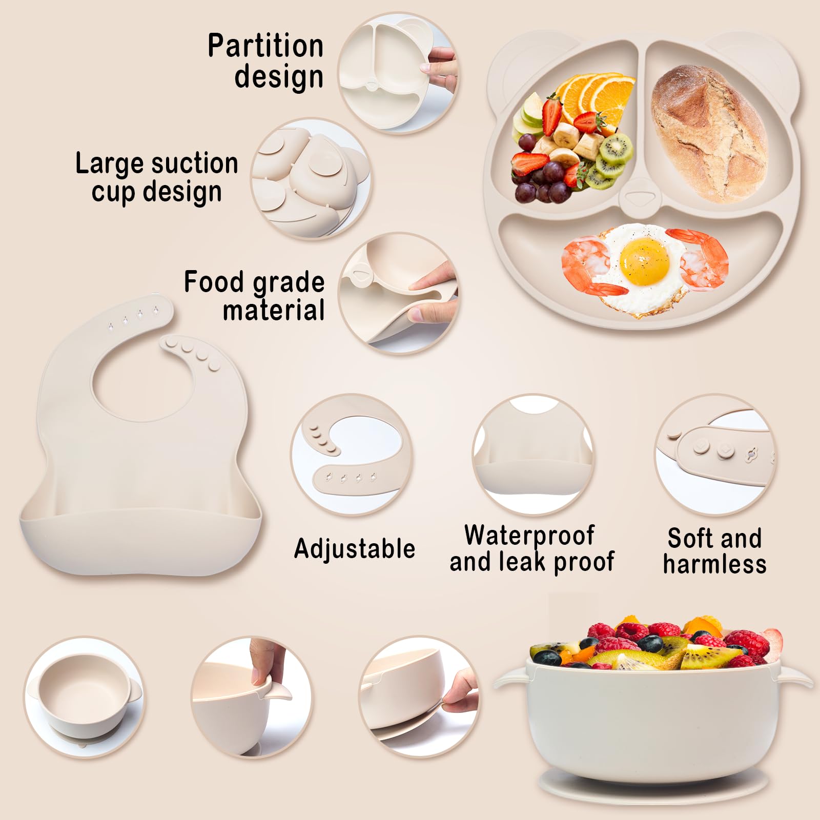 10 Pièces Coffret Repas Bebe Silicone, Assiette bebe Set Vaisselle Assiette ventouse pour bébé, Bavoir Silicone Bebe, fourchettes, Enfant Set Couverts Vaisselle Pour Sevrage Manger (Beige)