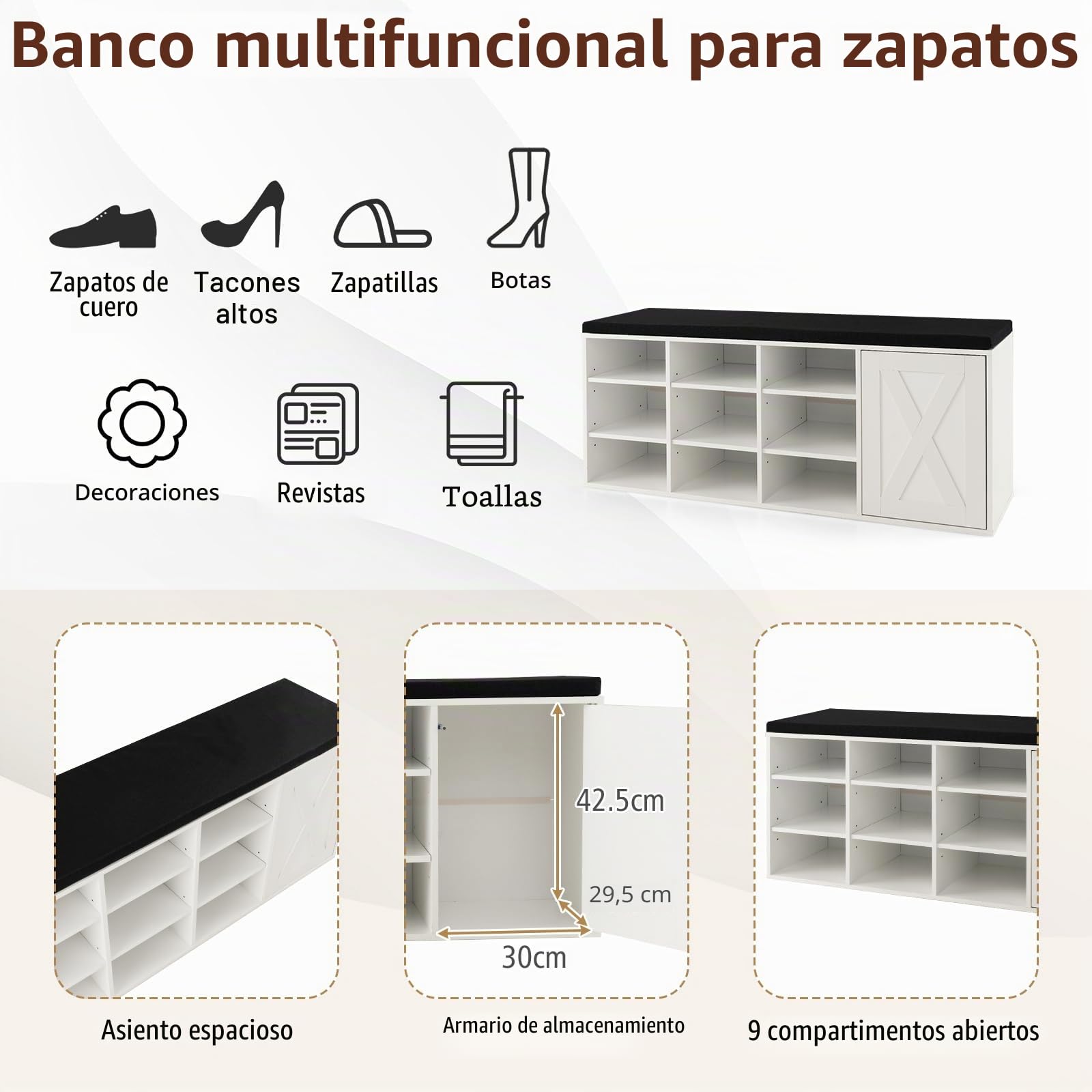 HOMASIS 3 Niveles Banco Zapatero con Estantes Ajustables, Zapatero de Madera con 9 Compartimentos y Cojín Acolchado, Banco de Almacenamiento para Pasillo, Sala de Estar, 110,5 x 30 x 49 cm (Blanco)