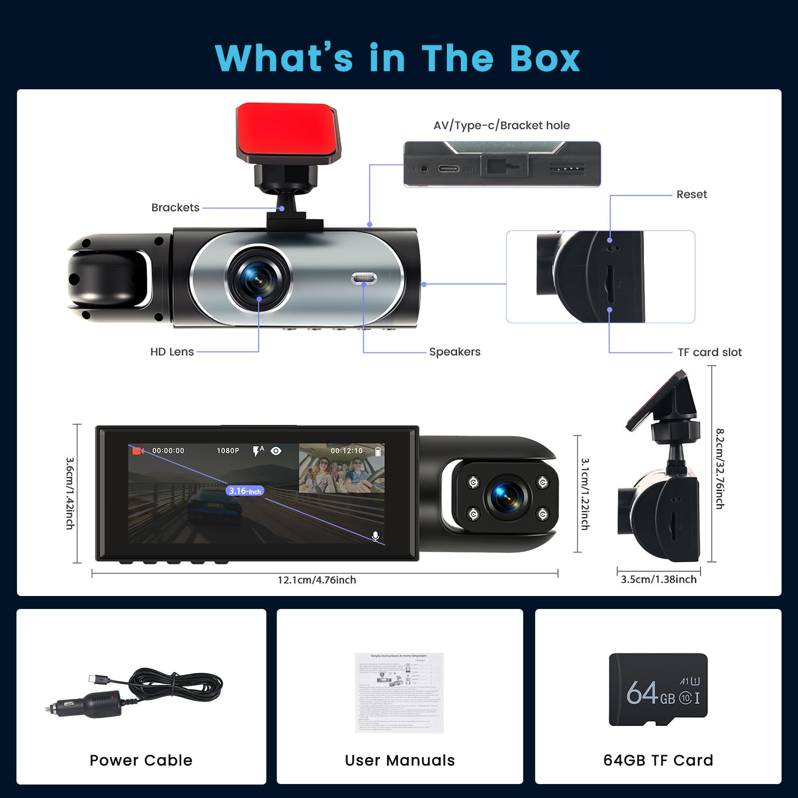 Inefala Dash CAM Coche con Tarjeta SD de 64GB, Camara para Coche con 2 Camaras 1080P Frontal Interior, Cámara para Coche con Sensor-G Visión Nocturna Asistencia de Respaldo Detección de Movimiento