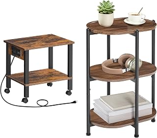 HOOBRO Printer Stand with Charging Station and Small Side Table Bundle | Printer Cart with Storage Shelves, Shelf for Small Spaces, Narrow Nightstand with metal frame and adjustable feet