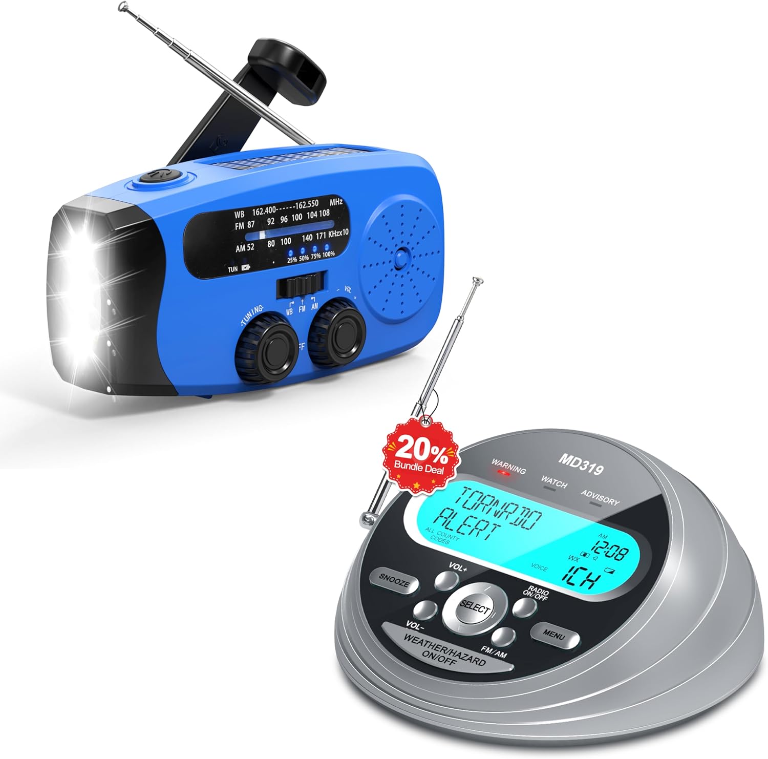 Emgykit Emergency Radio Bundle: Home NOAA Weather Alert System with S.A.M.E. & Battery Backup + Portable Hand Crank Survival Radio with Flashlight